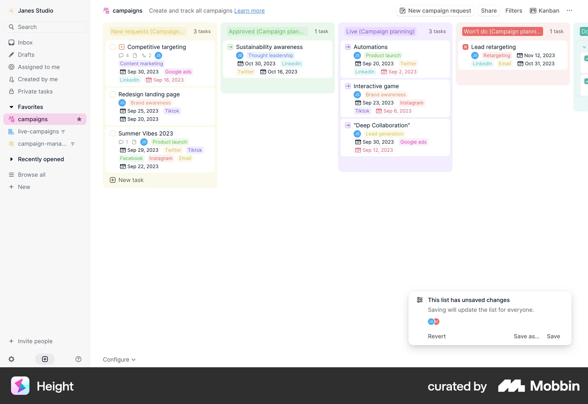 Height Web Kanban Board screen