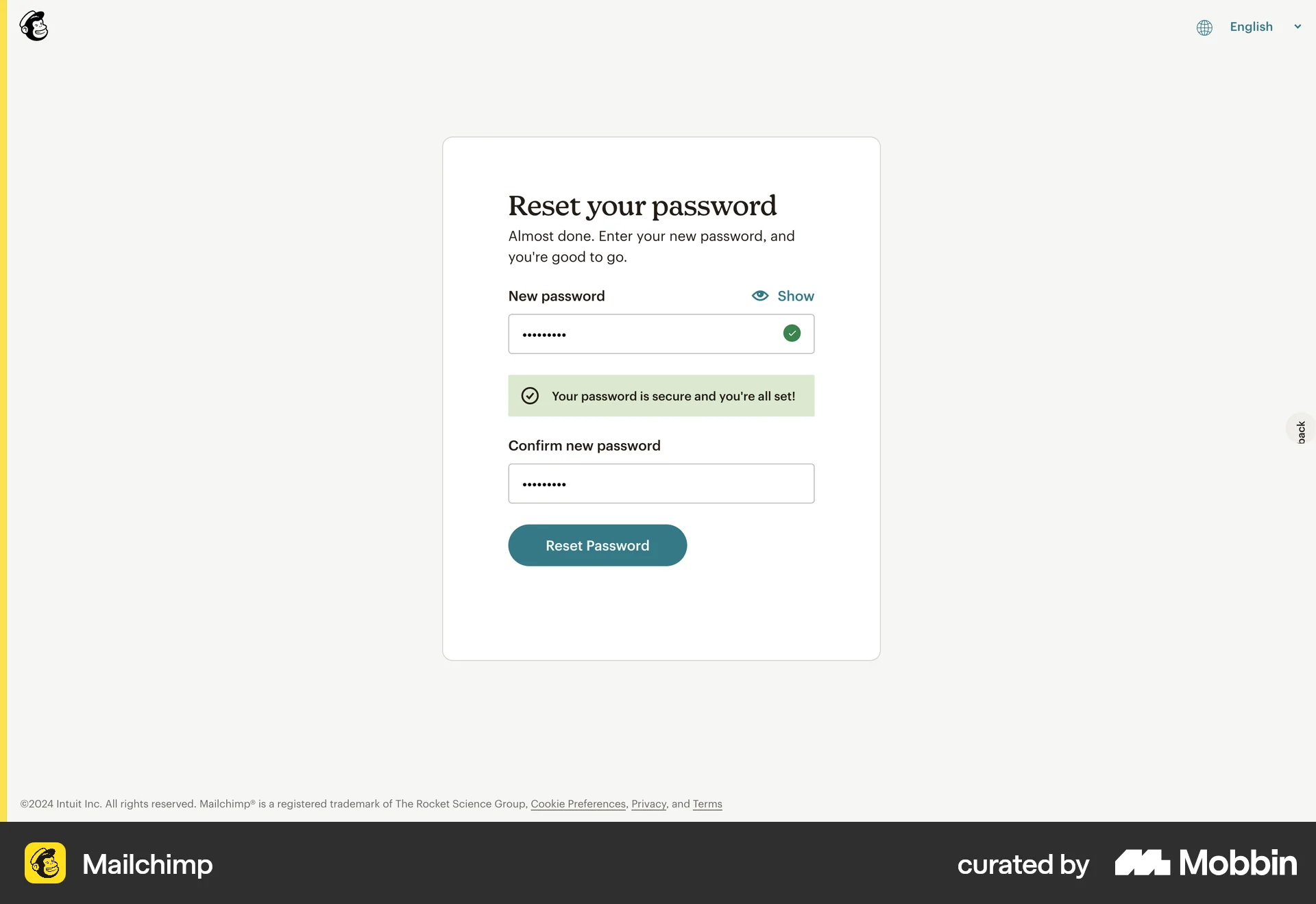 Mailchimp Web Forgot Password screen