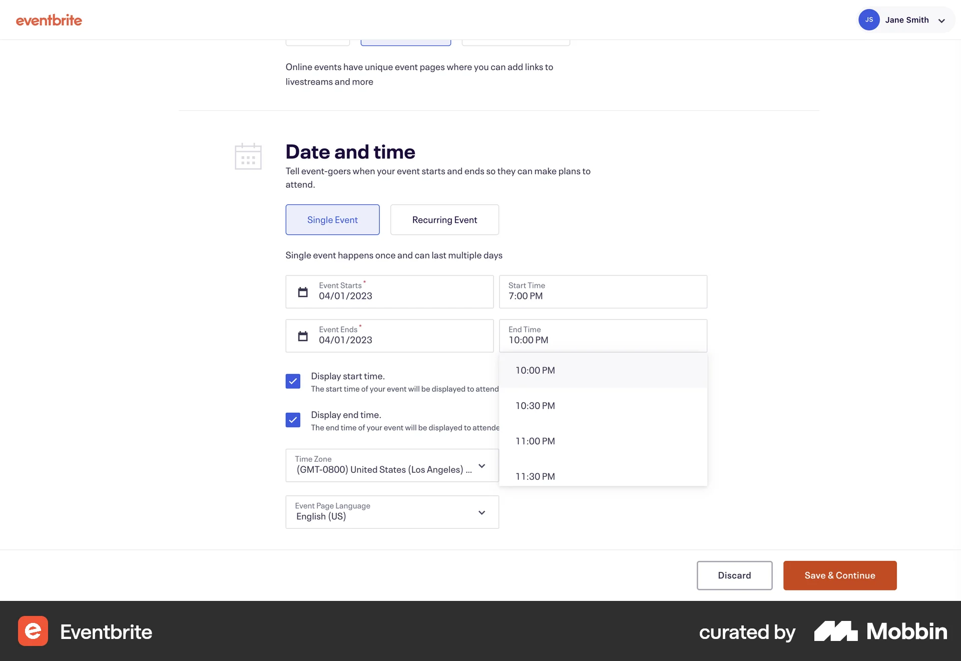 Eventbrite Web screen containing Time Picker UI element