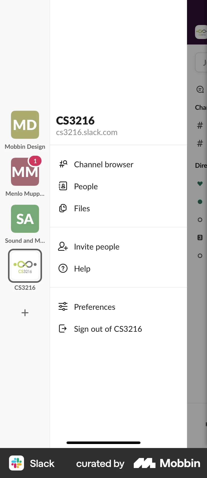 Slack iOS screen containing Side Navigation UI element