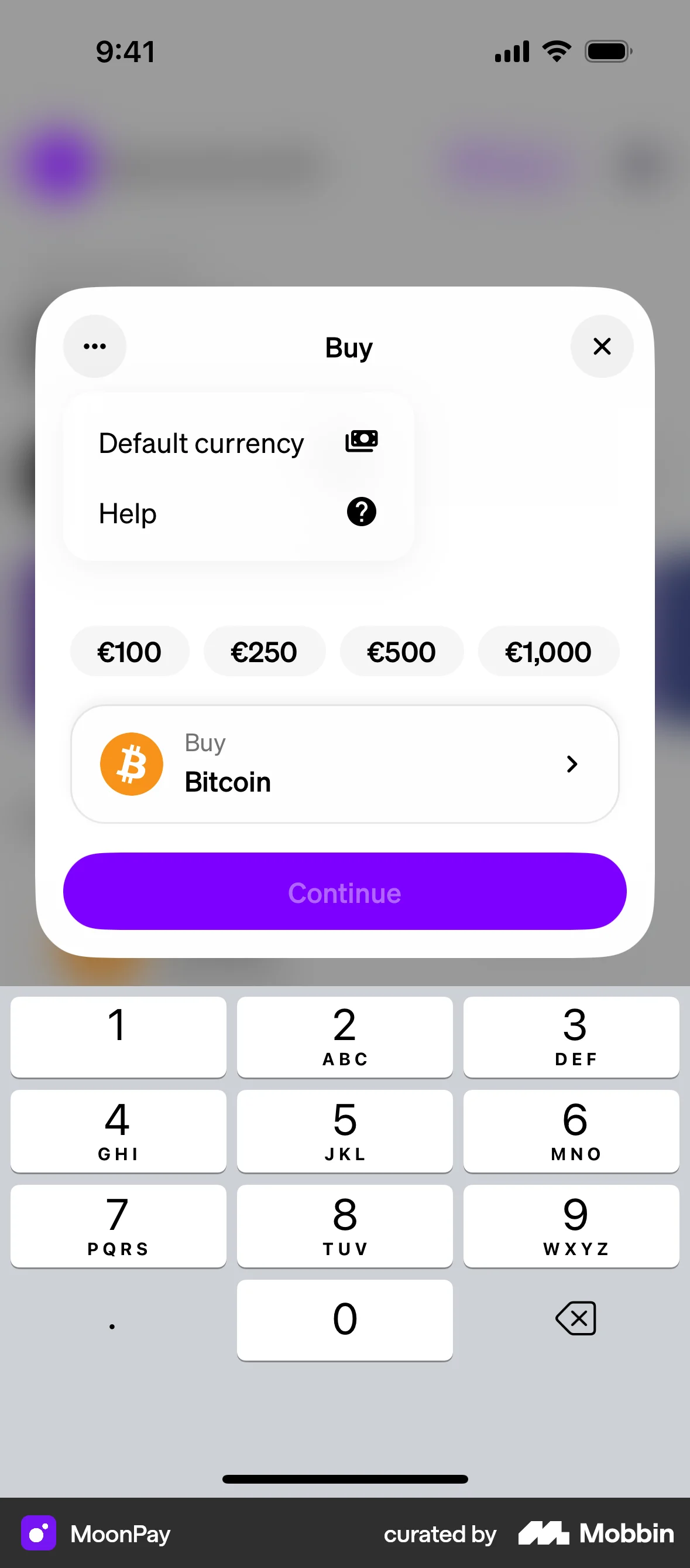 MoonPay iOS screen containing Dropdown Menu UI element
