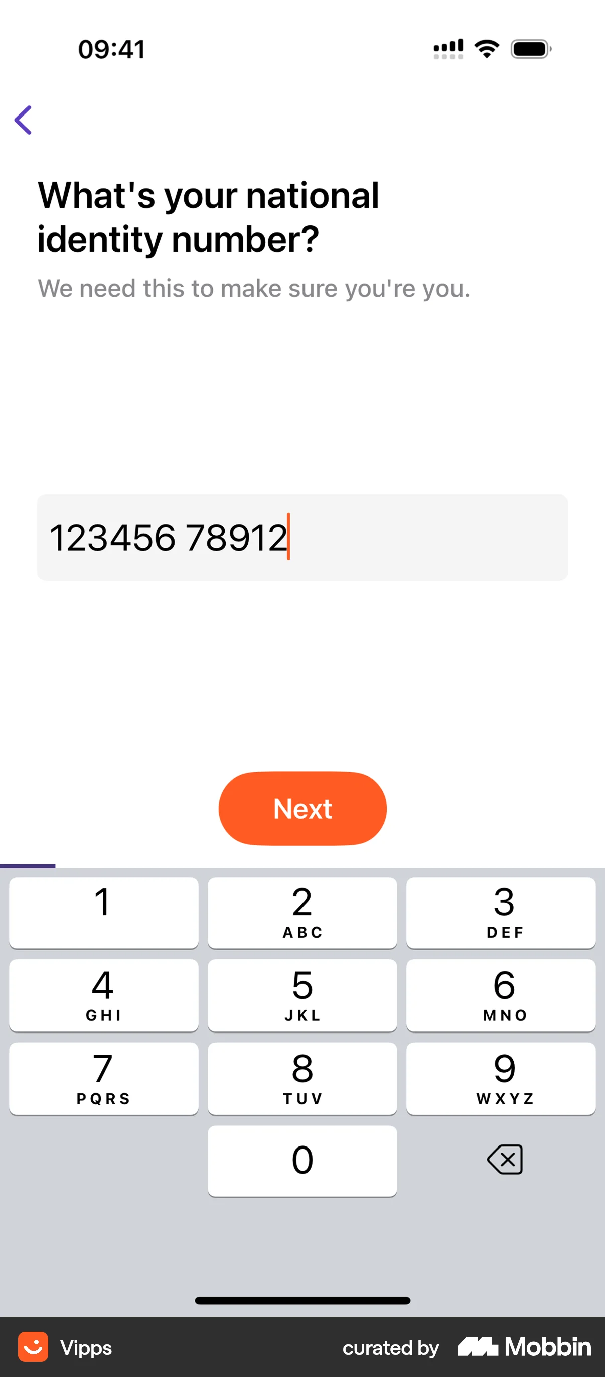 Vipps iOS Account Setup screen