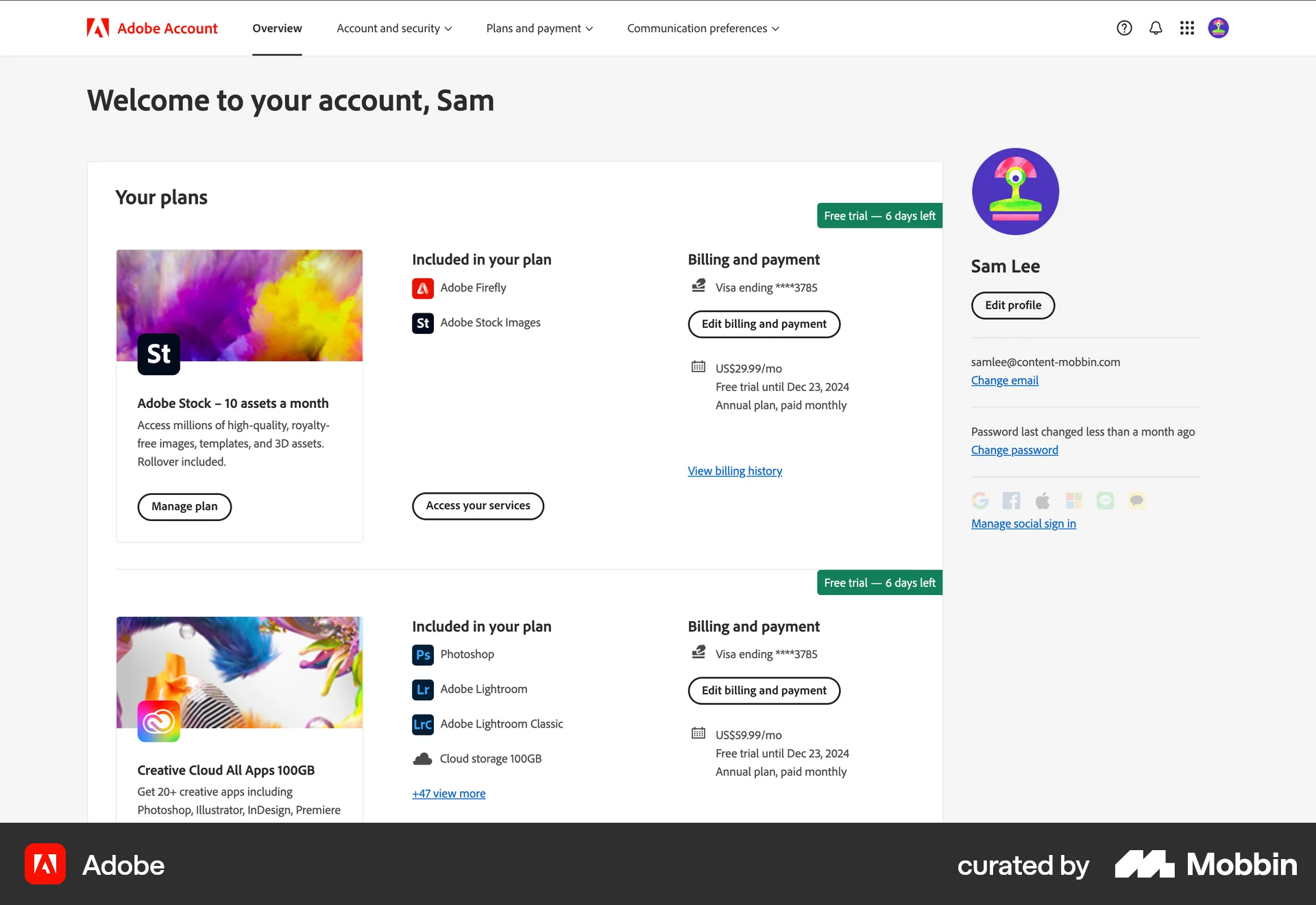 Adobe Web My Account & Profile screen