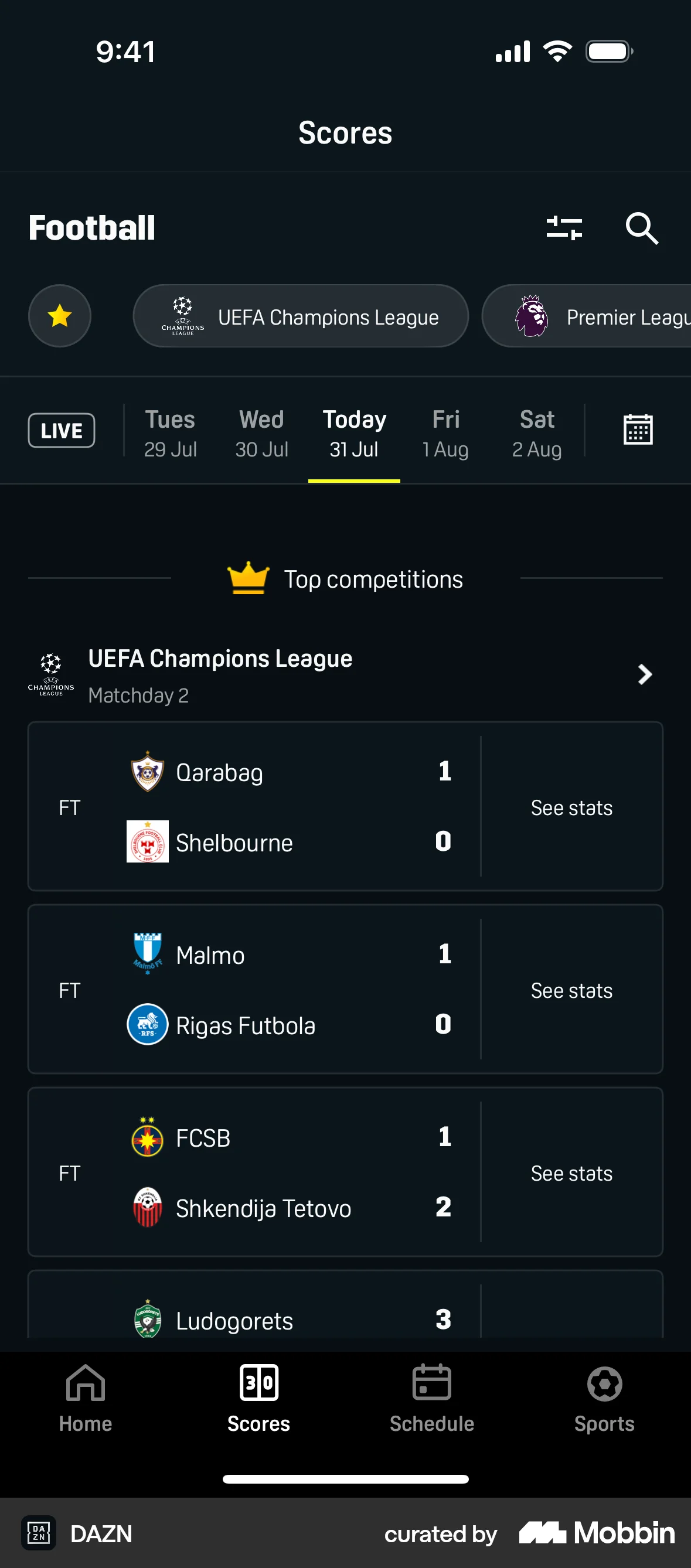 DAZN iOS screen containing Divider UI element