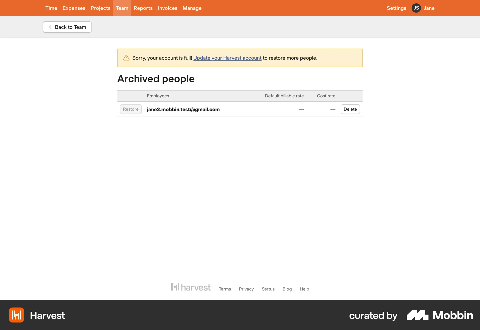 Harvest Web Trash & Archive screen