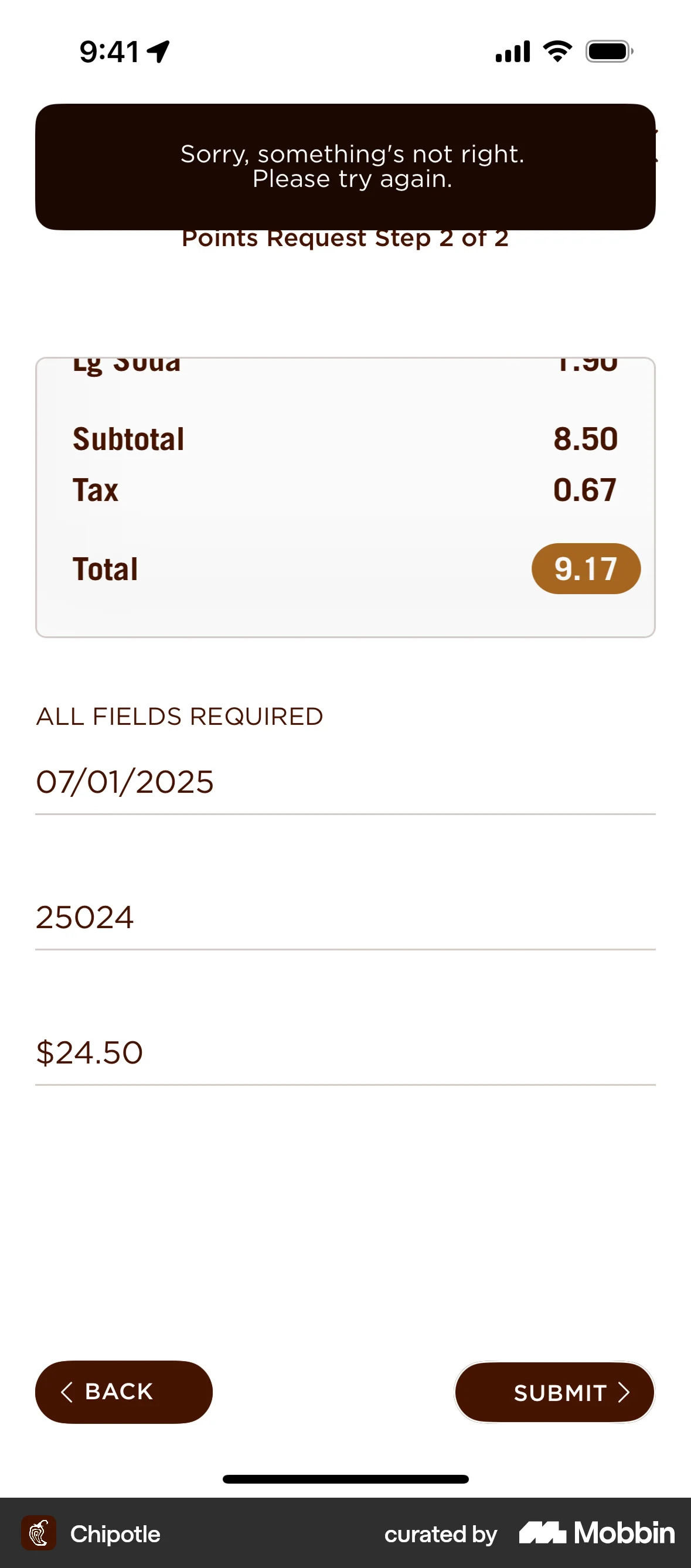 Chipotle iOS Error screen