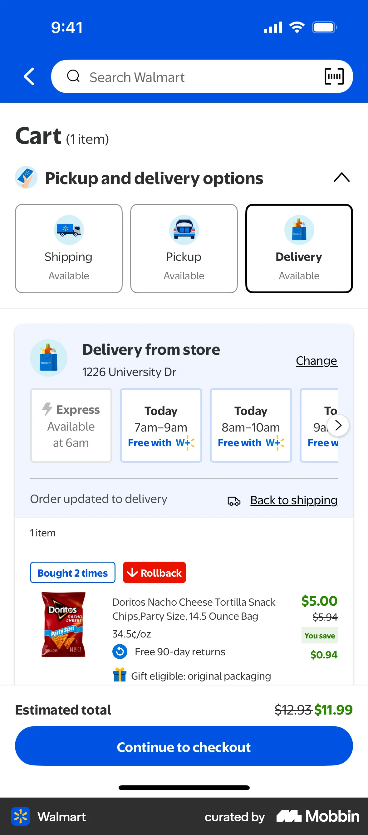 Walmart iOS screen containing Time Picker UI element