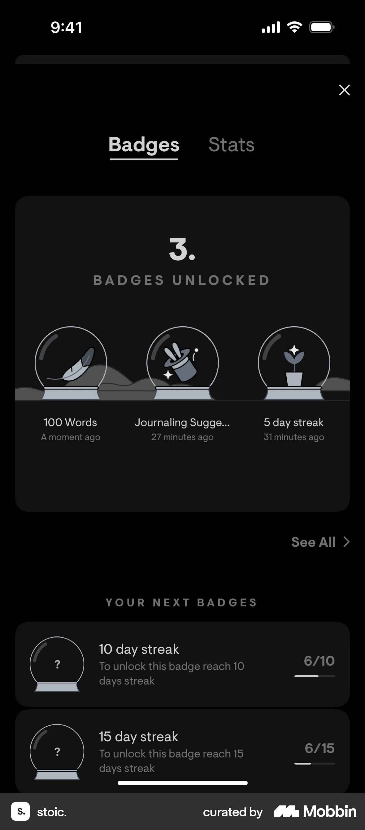 stoic. iOS Dark Mode screen