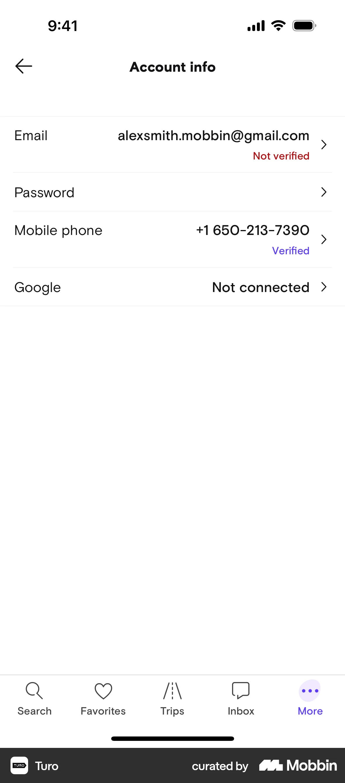Turo iOS Settings & Preferences screen
