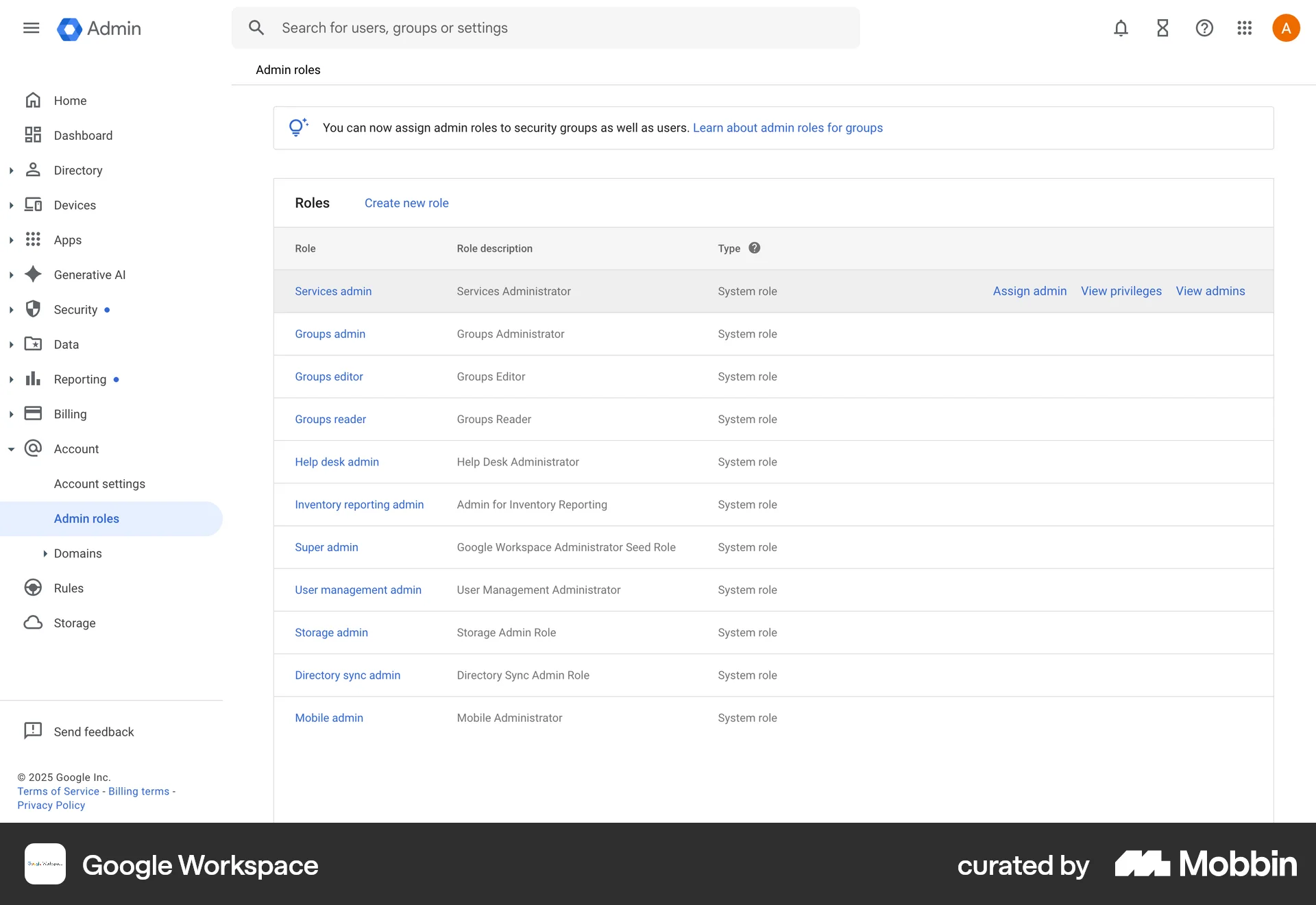Google Workspace Web Action Option screen