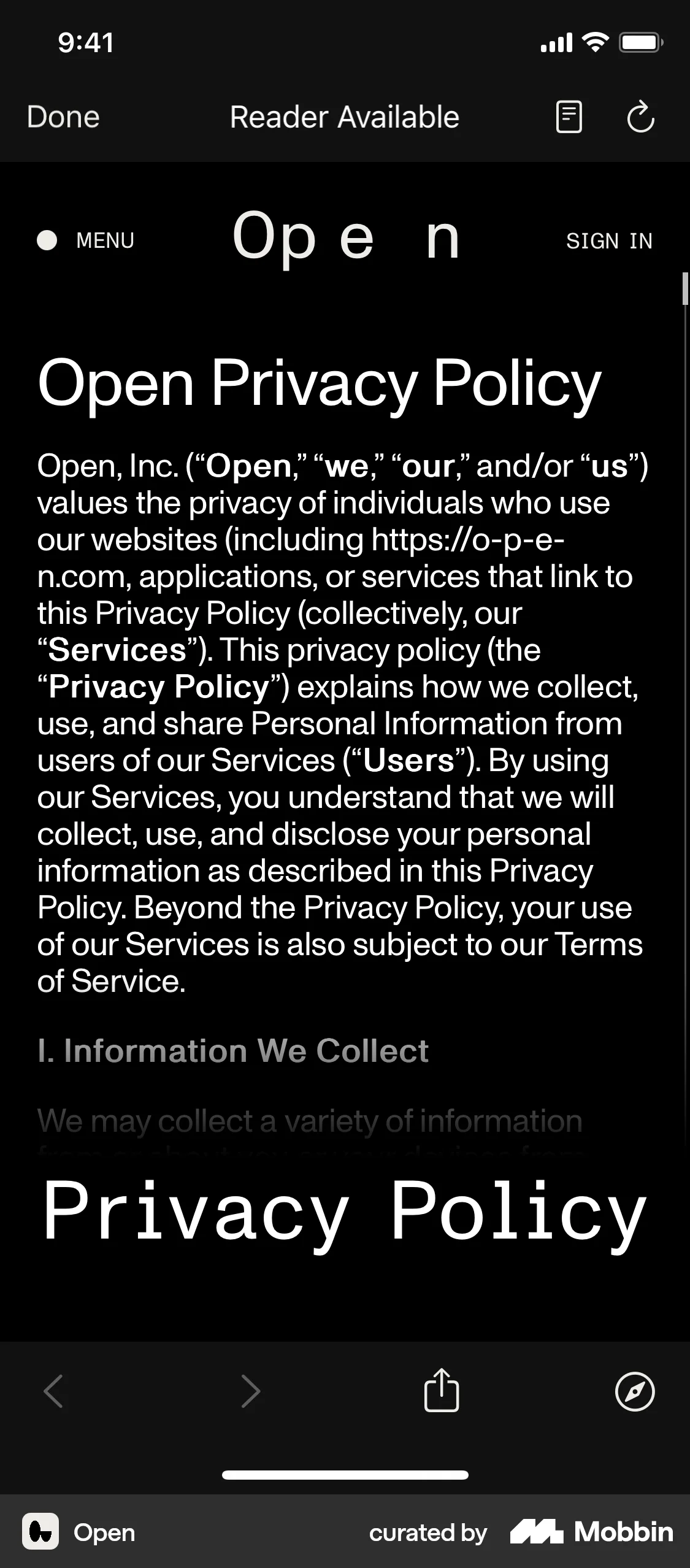 Open iOS Privacy Policy screen