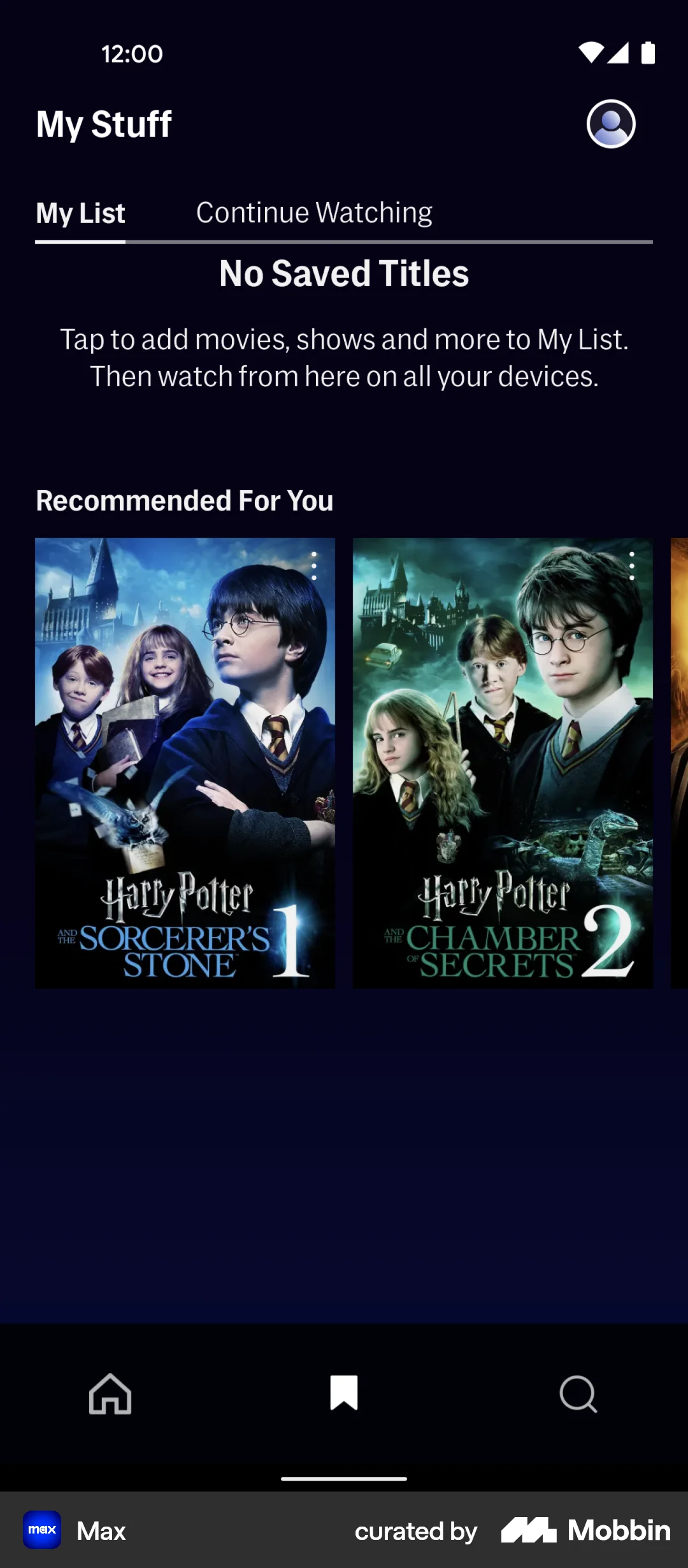 HBO Max Android Suggestions & Similar Items screen