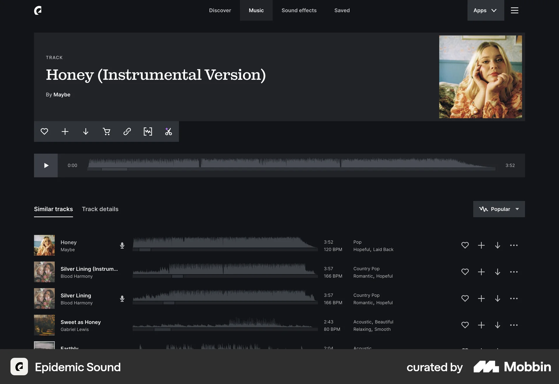 Epidemic Sound Web Song & Podcast Detail screen