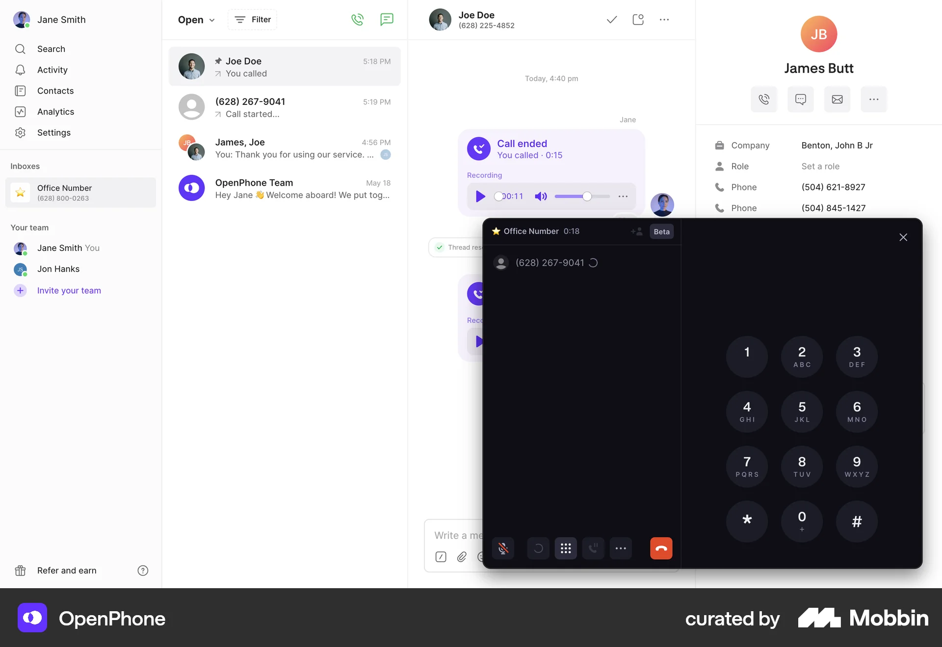 OpenPhone Web Call screen