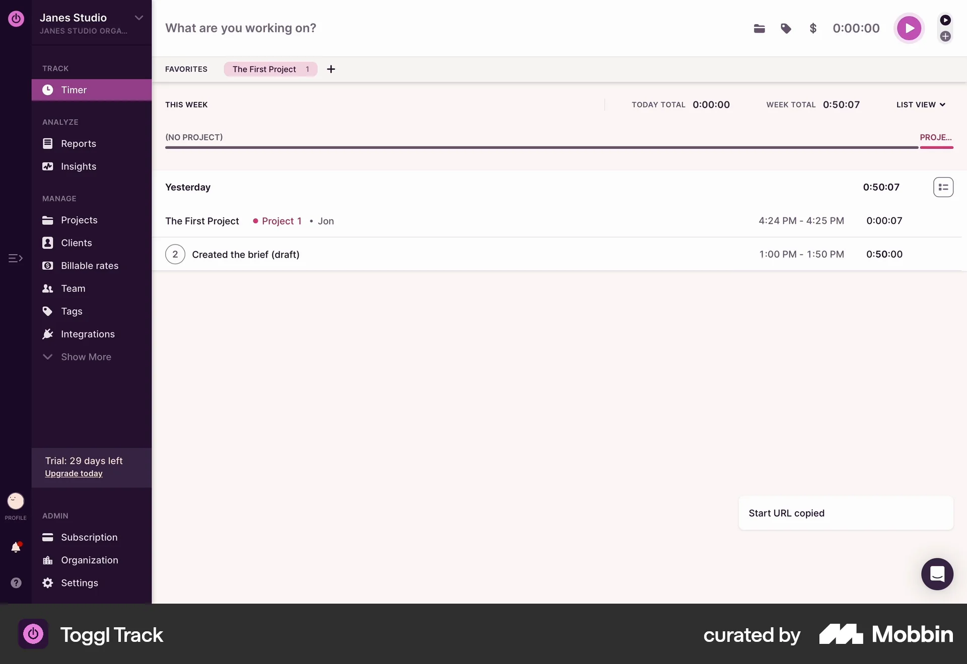 Toggl Track Web Log Dashboard screen