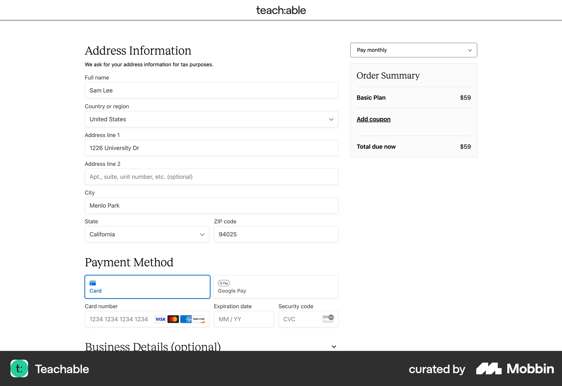 Teachable Web Checkout screen