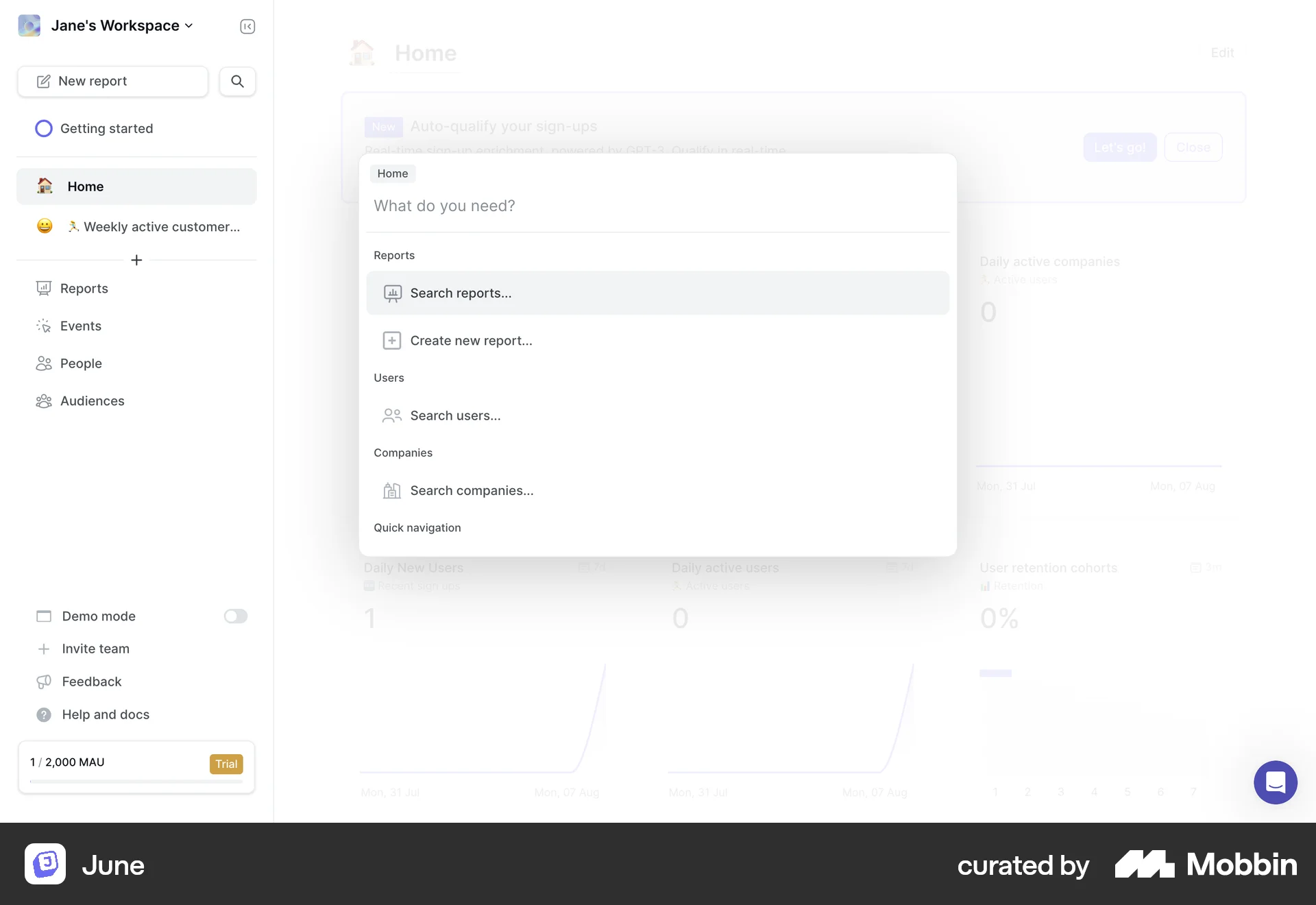 June Web Command Palette screen