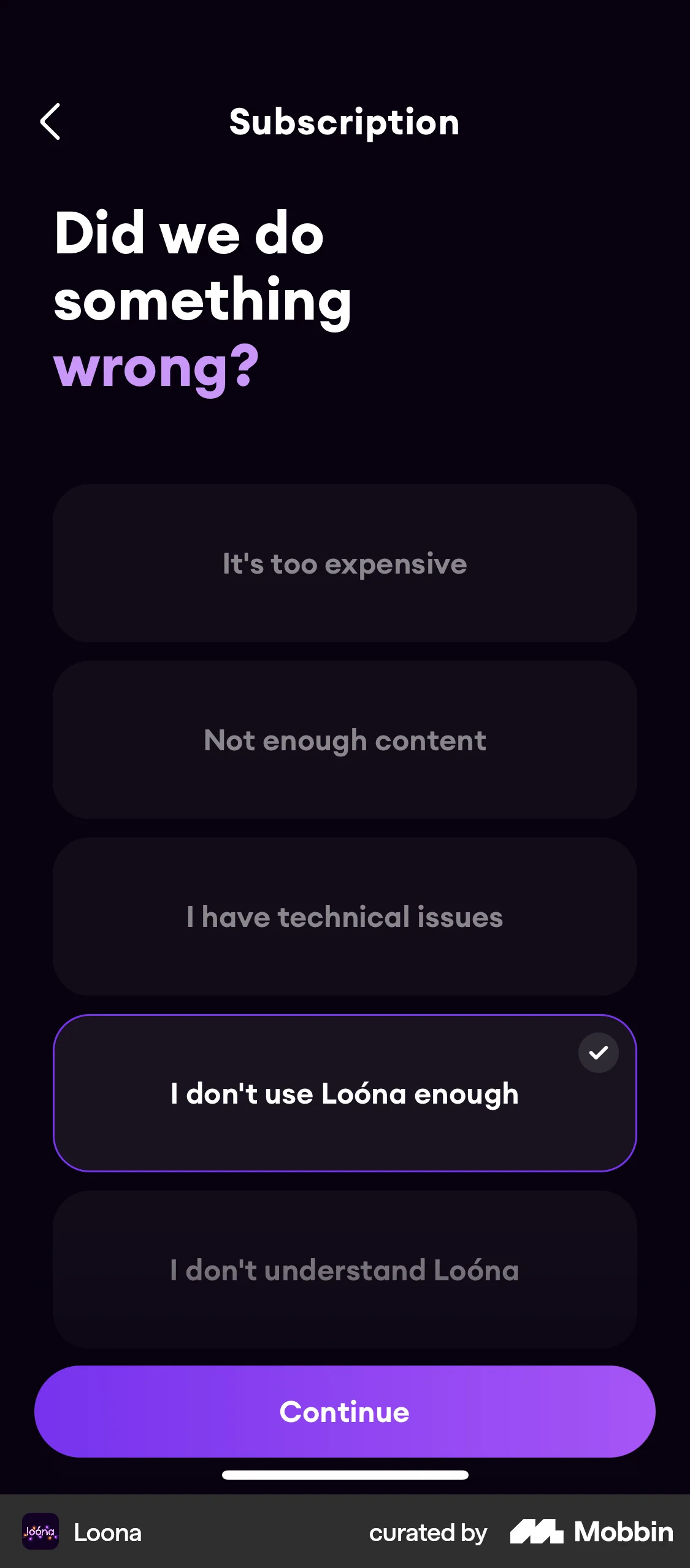 Loona iOS Feedback screen