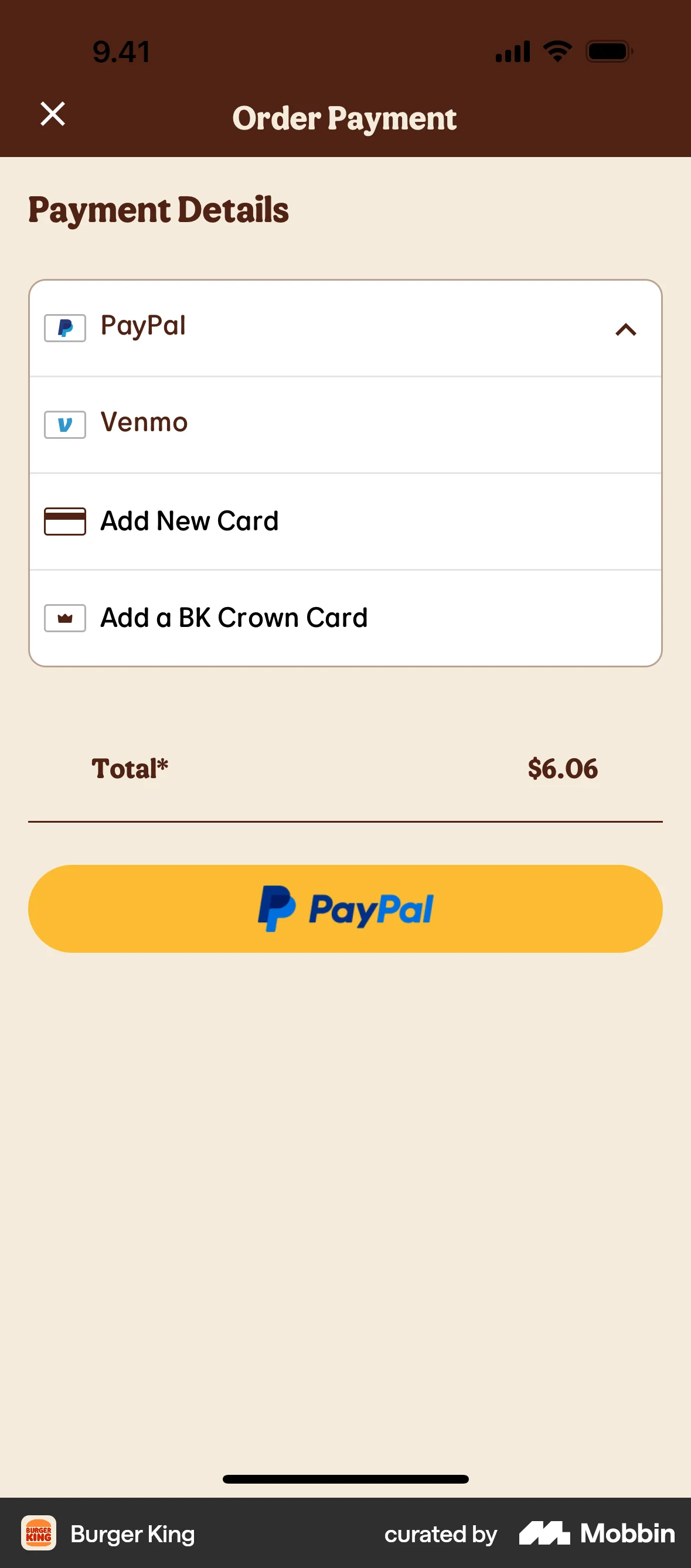 Burger King iOS Payment Method screen