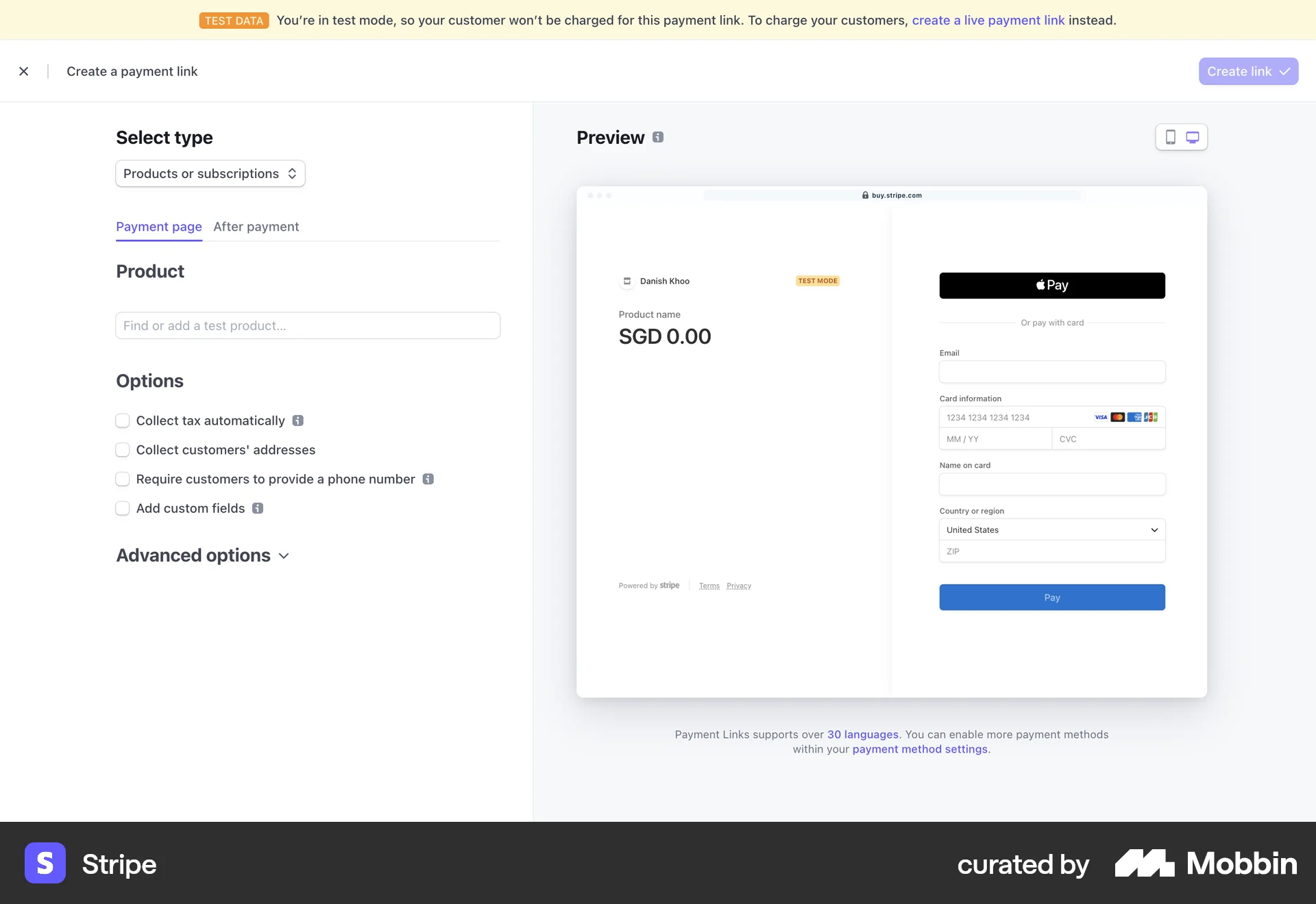 Stripe Web screen containing Full-Screen Overlay UI element