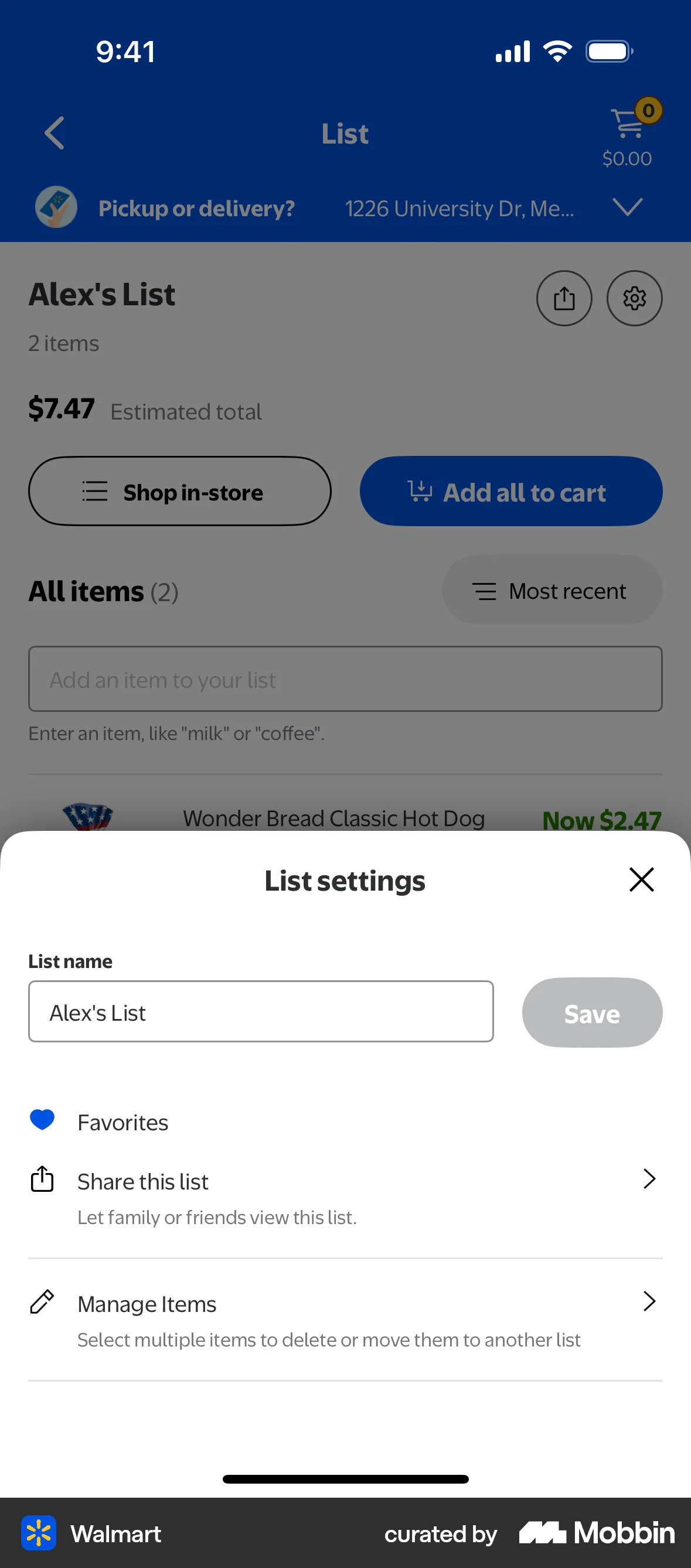 Walmart iOS Settings & Preferences screen
