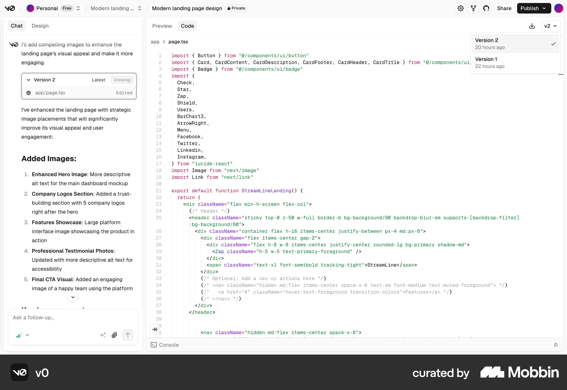 v0 Web screen containing Select UI element