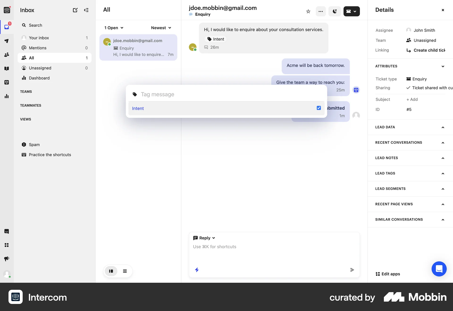 Intercom Web Command Palette screen