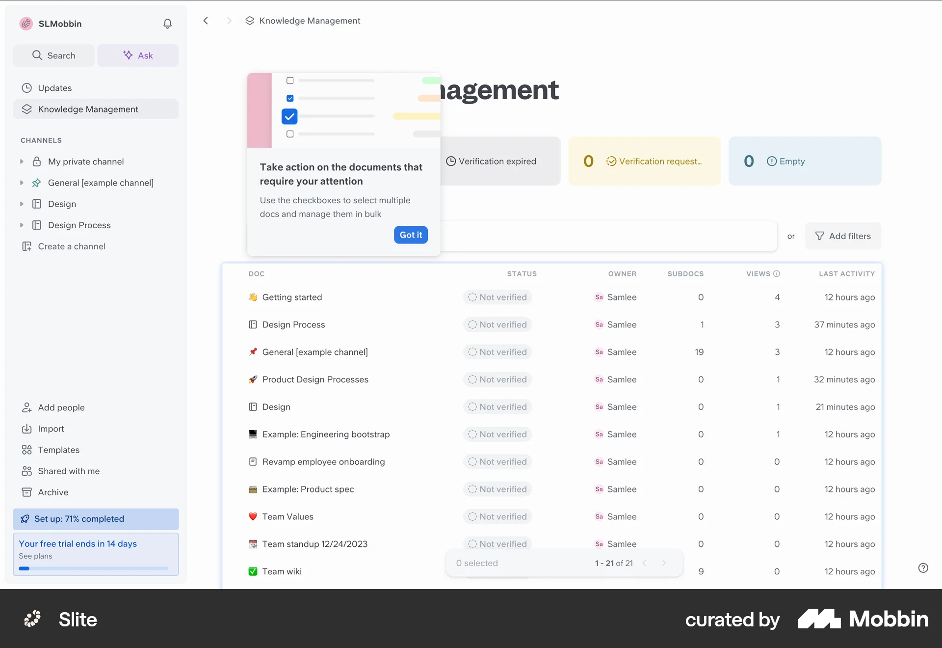 Slite Web screen containing Coach Marks UI element