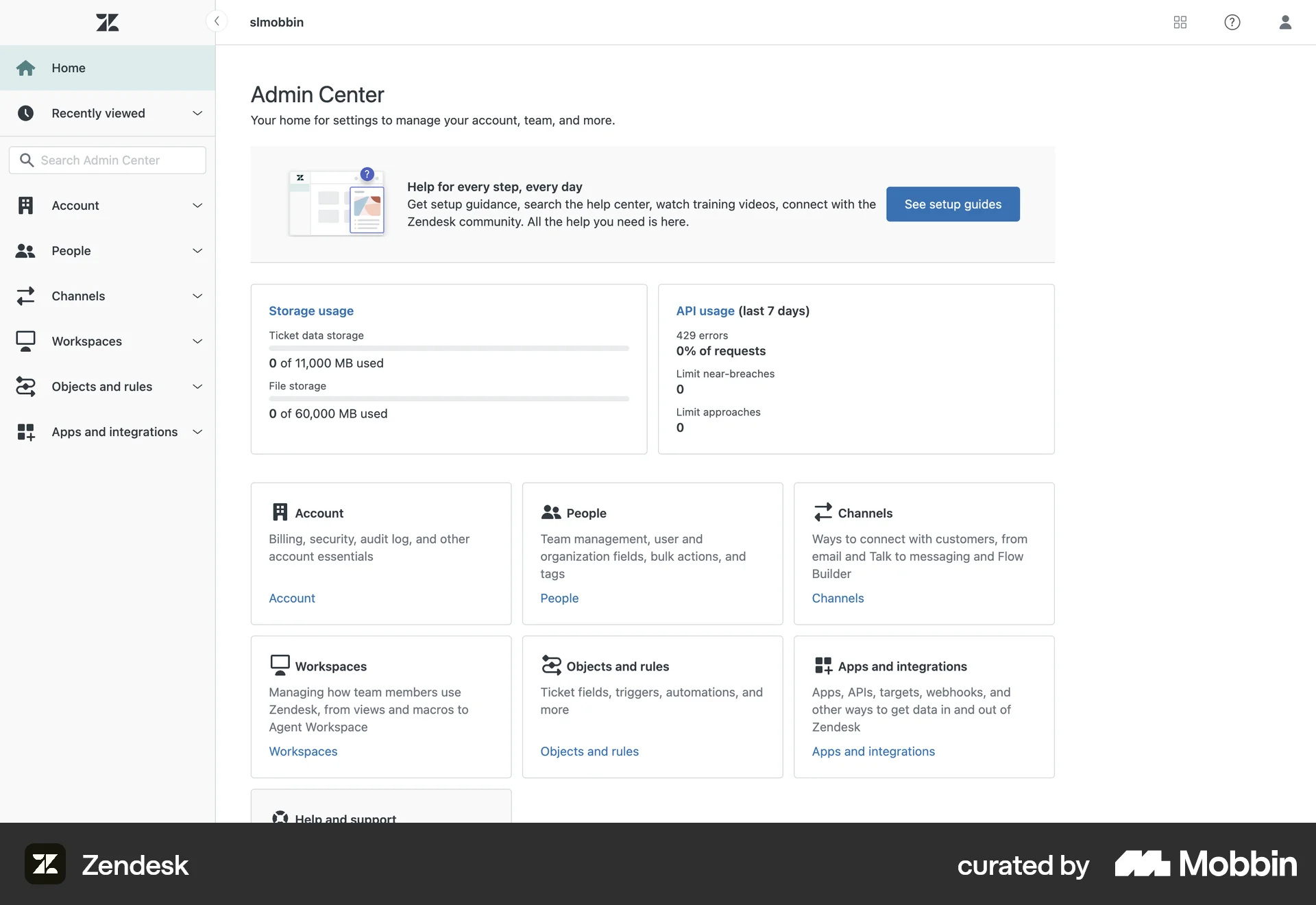 Zendesk Web Admin Dashboard screen
