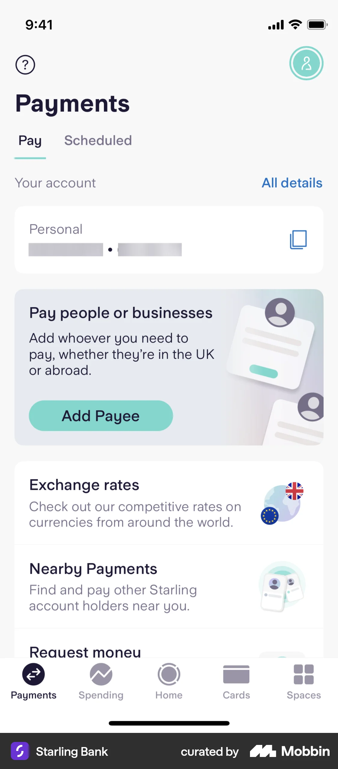 Starling Bank iOS screen containing Tab UI element