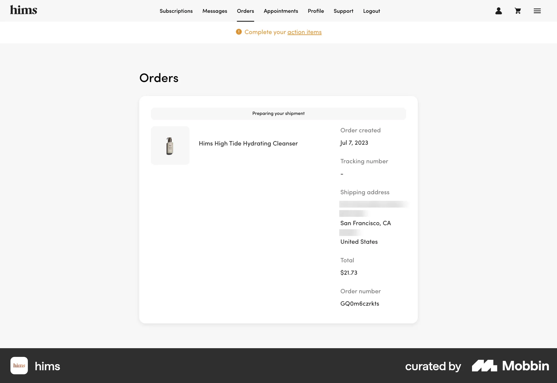 Hims Web Order History screen