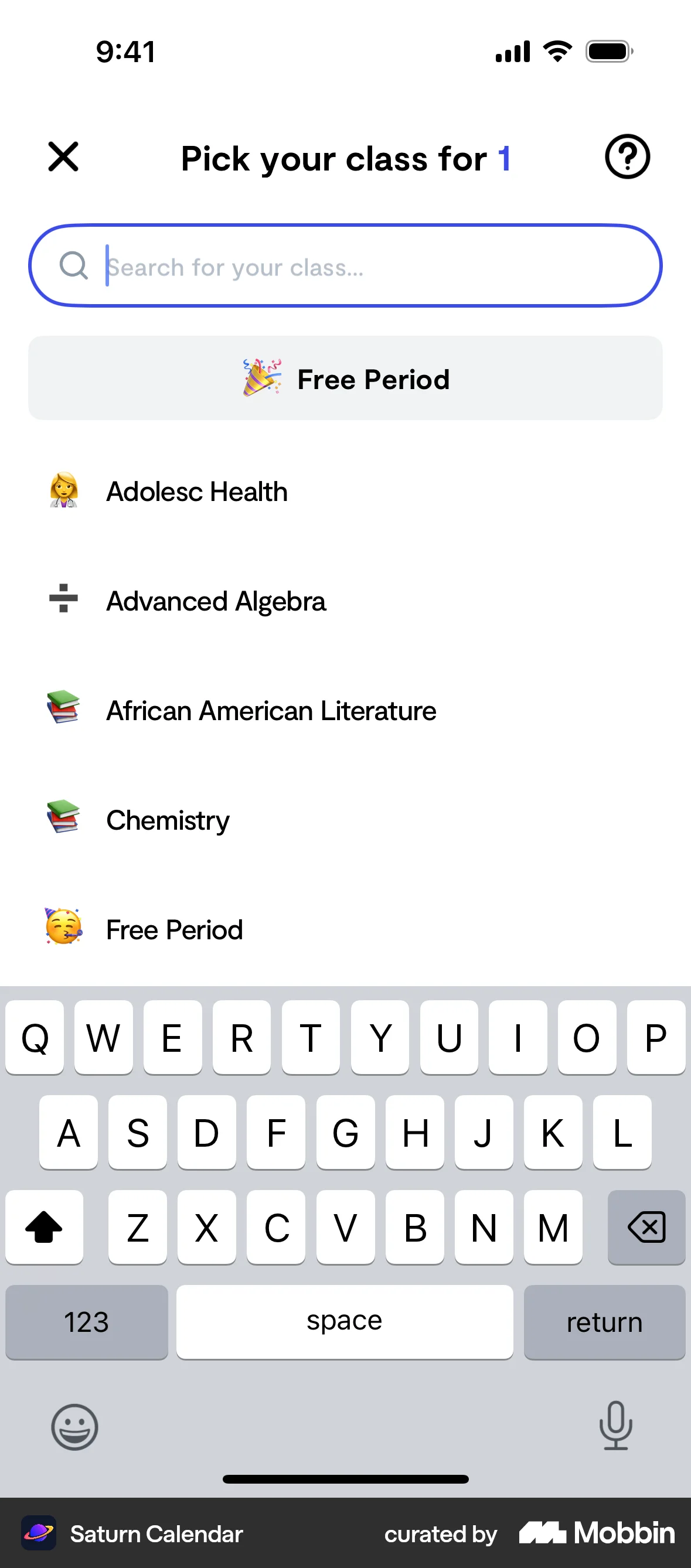 Saturn Calendar iOS screen containing Search Bar UI element