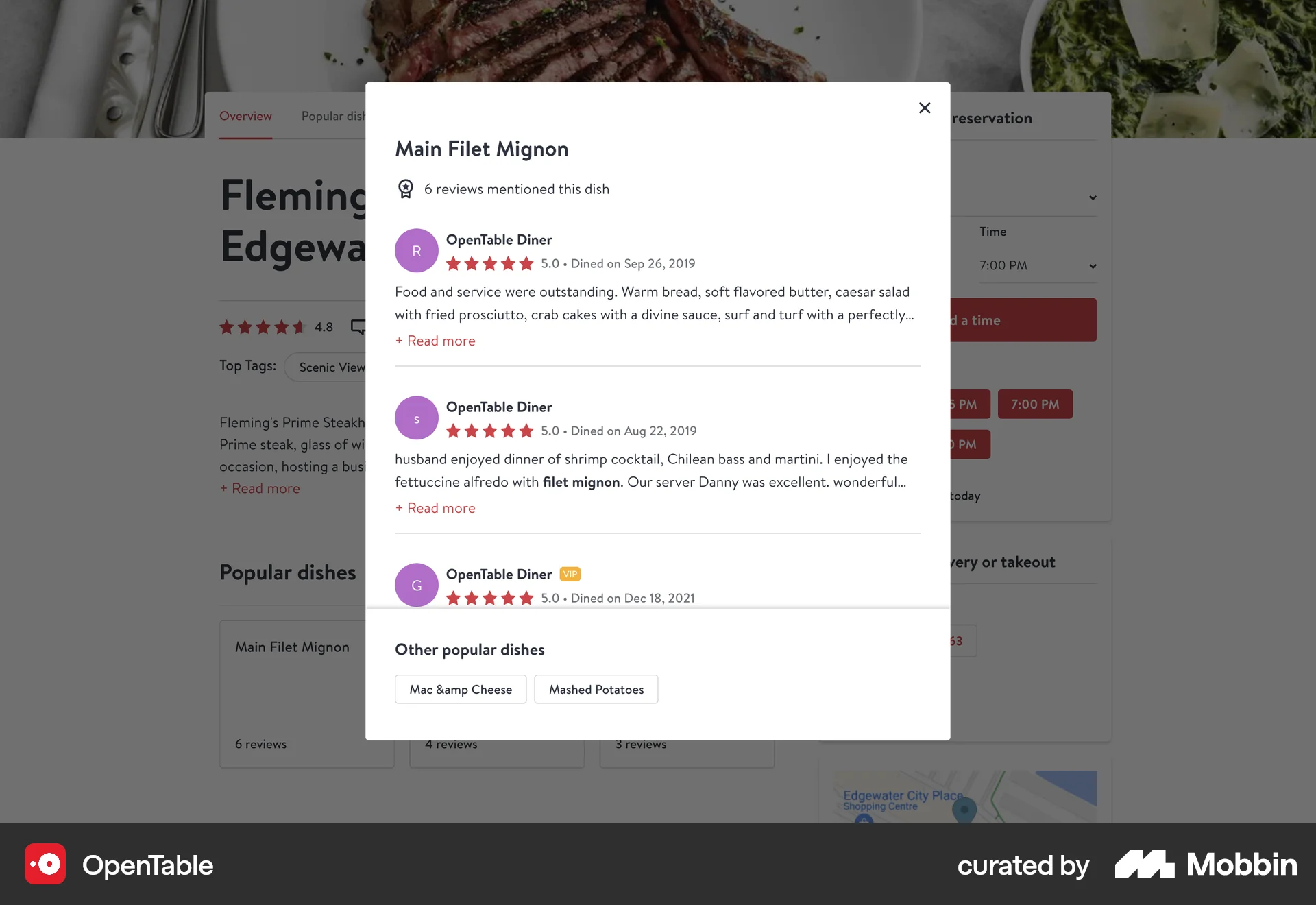 OpenTable Web Reviews & Ratings screen
