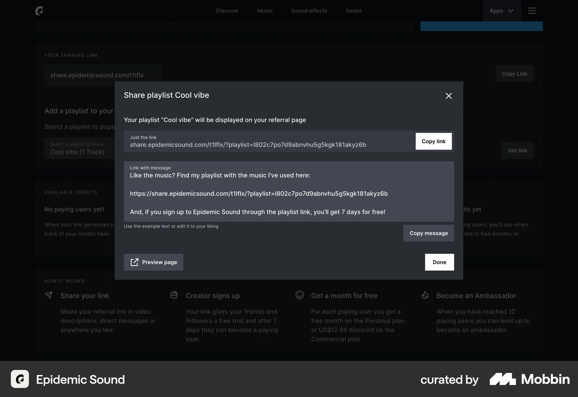 Epidemic Sound Web Invite & Refer Friends screen