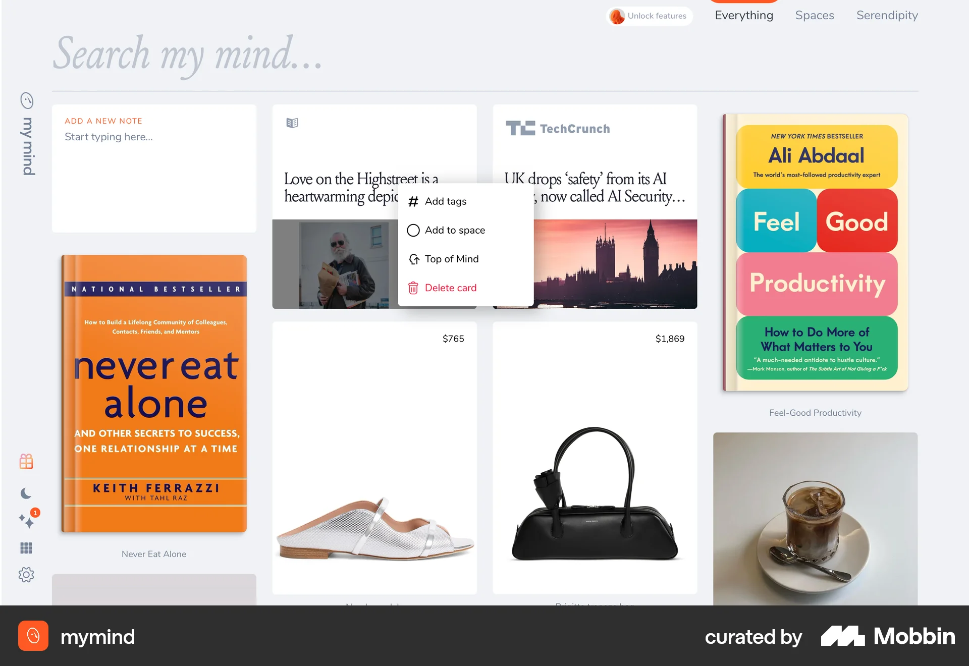 mymind Web screen containing Context Menu UI element