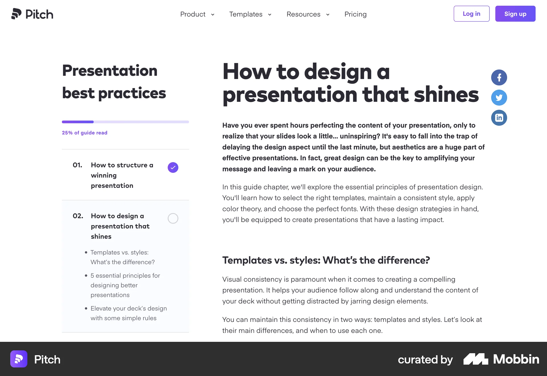Pitch Web screen containing Table of Contents UI element