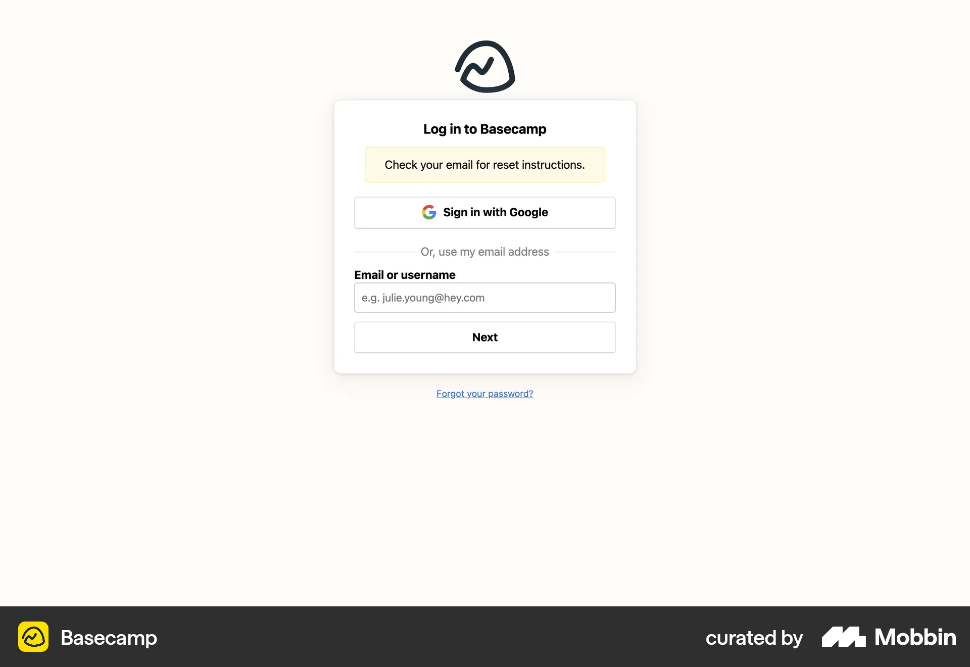 Basecamp Web Forgot Password screen
