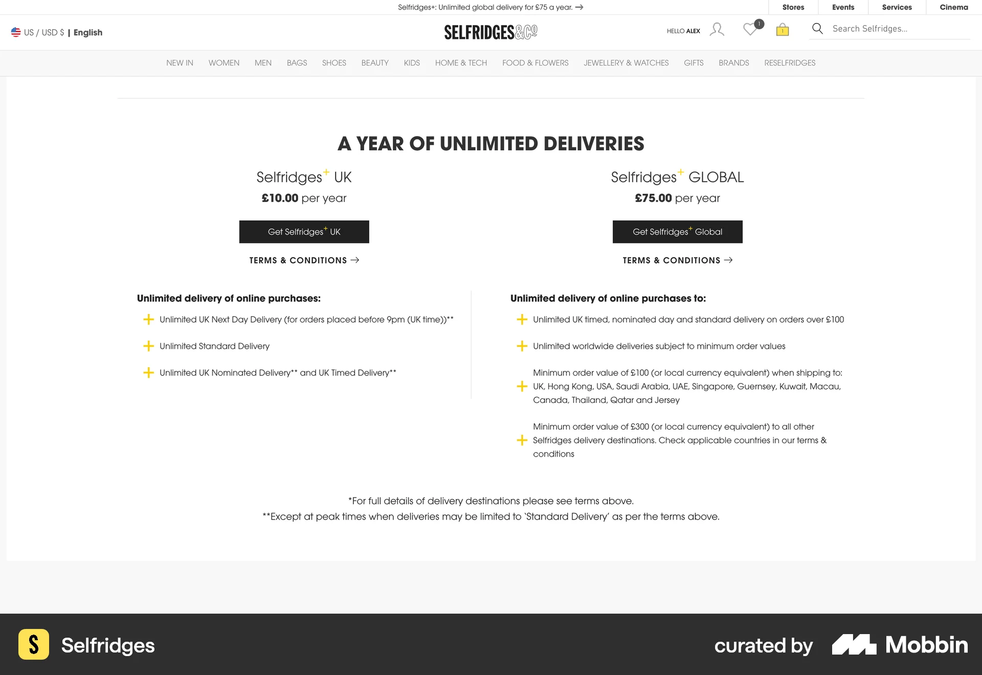 Selfridges Web Pricing screen