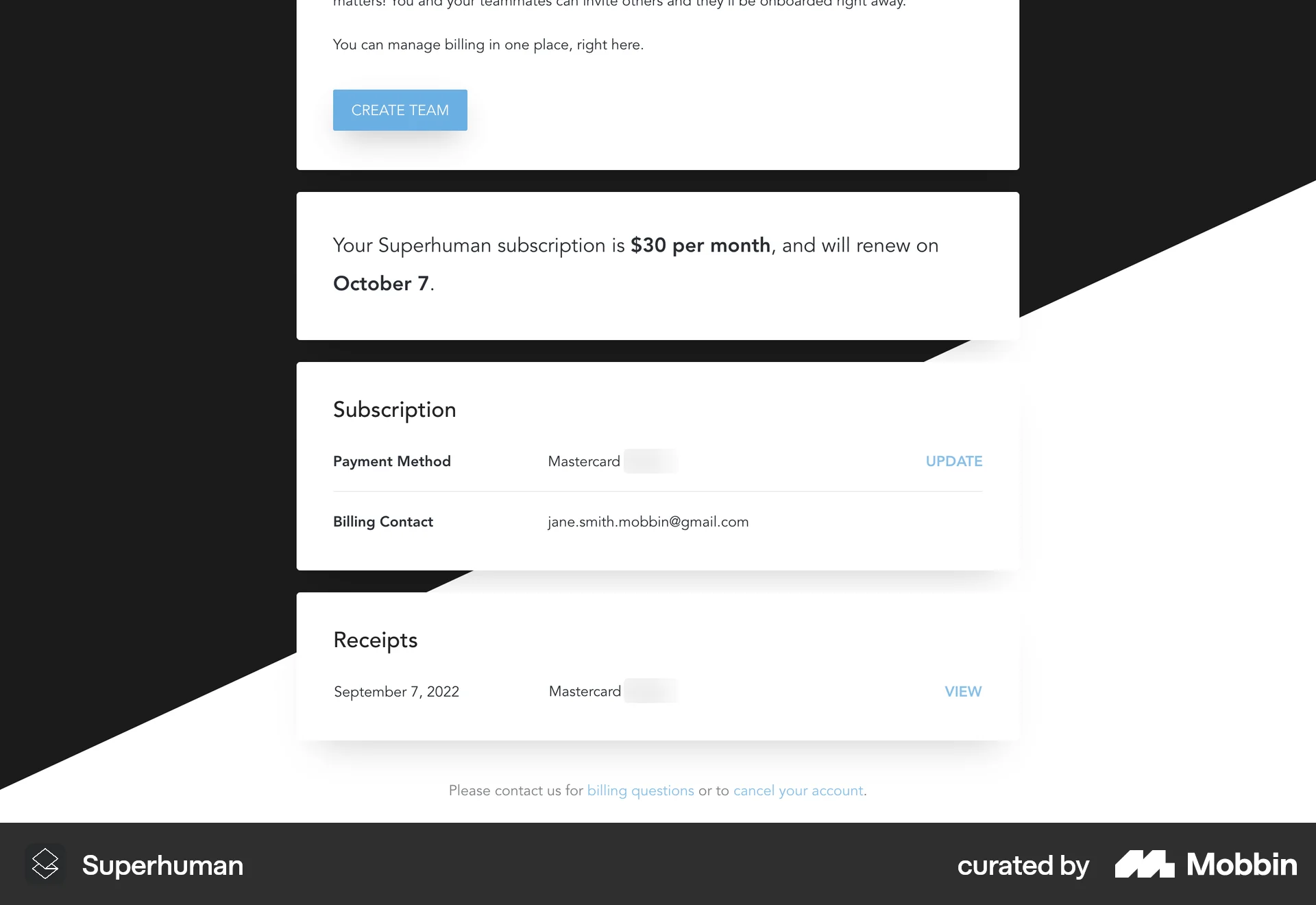 Superhuman Mail Web Order History screen