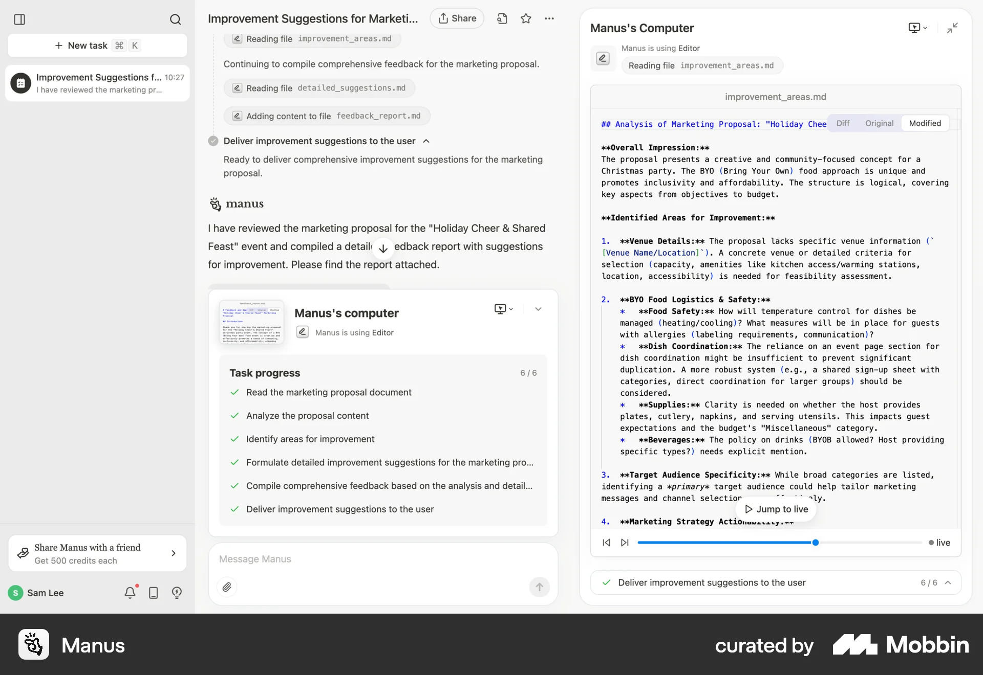 Manus Web screen containing Segmented Control UI element