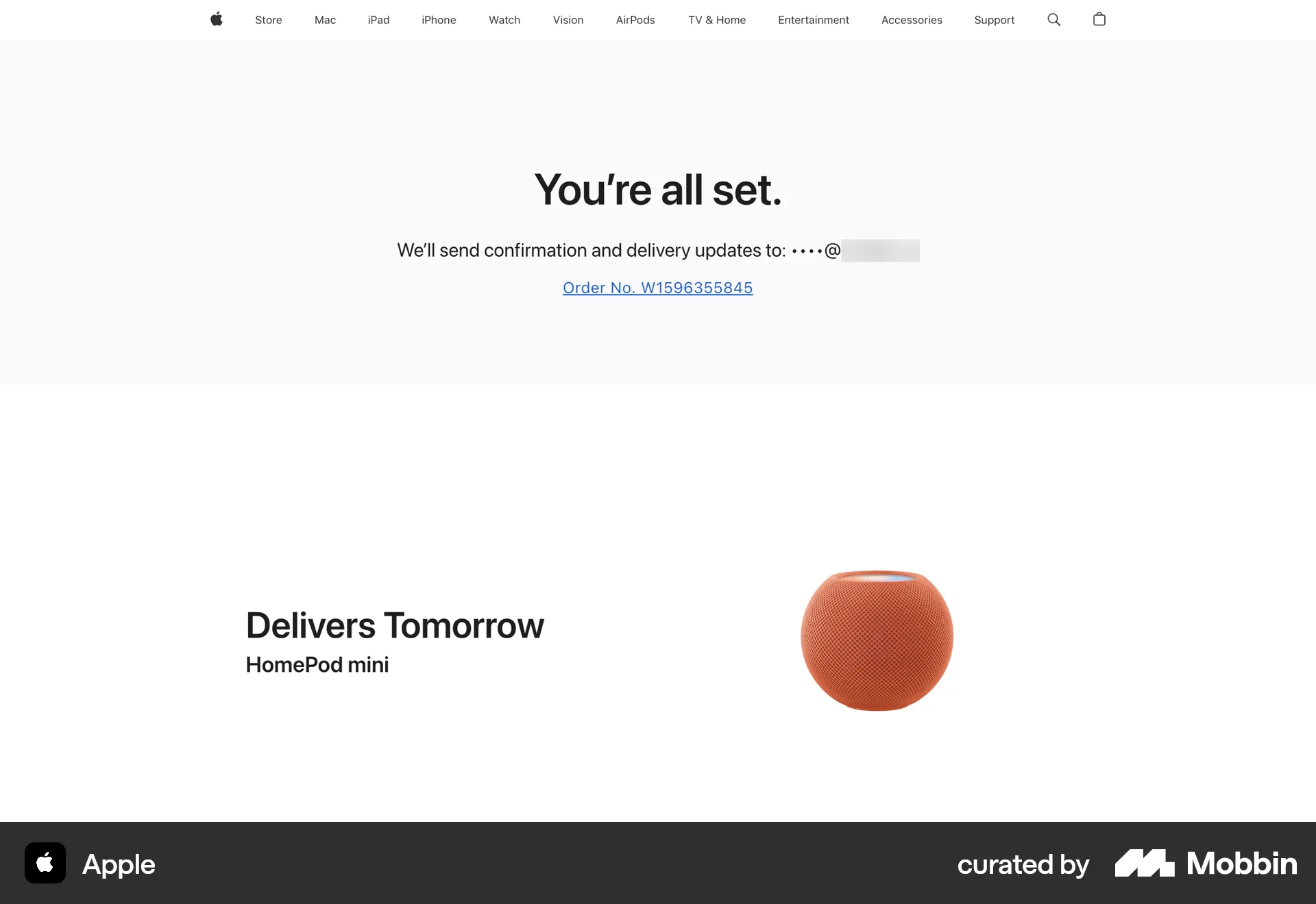 Apple Web Order Confirmation screen