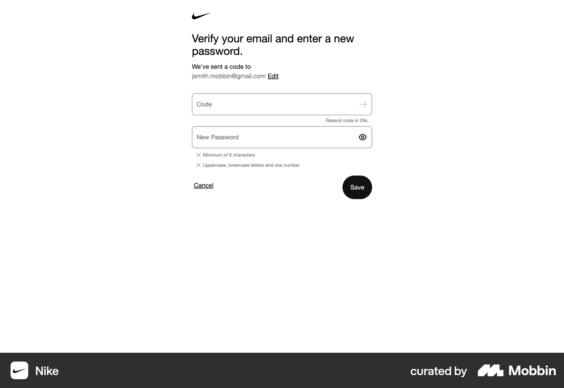 Nike Web Forgot Password screen