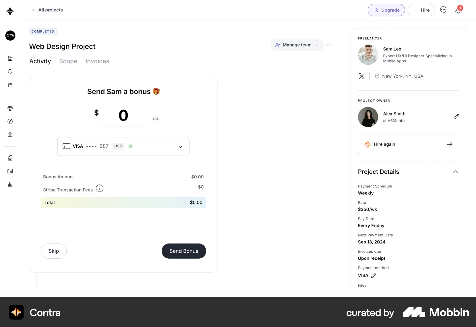 Contra Web Transfer & Send Money screen