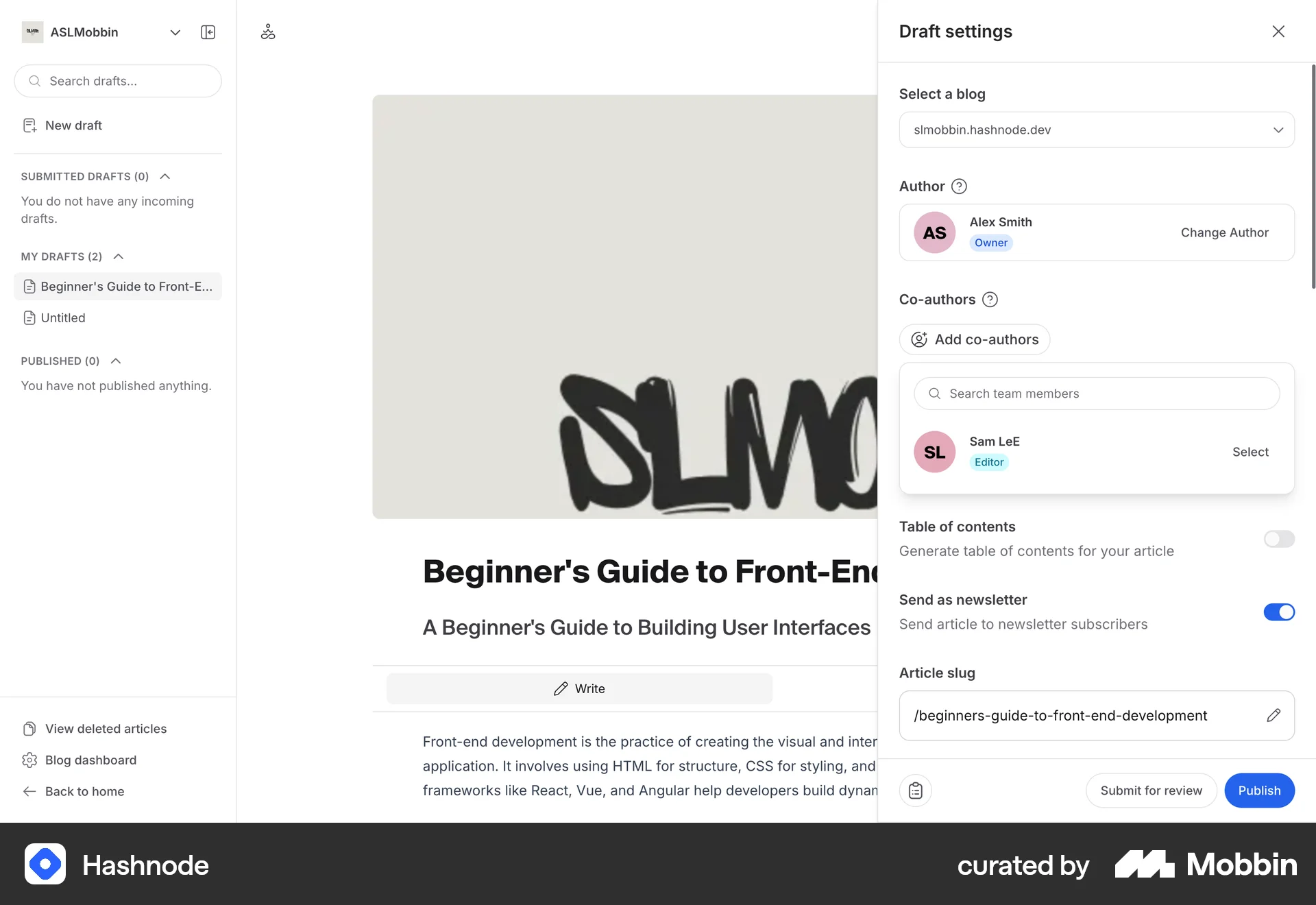 Hashnode Web Invite Teammates screen
