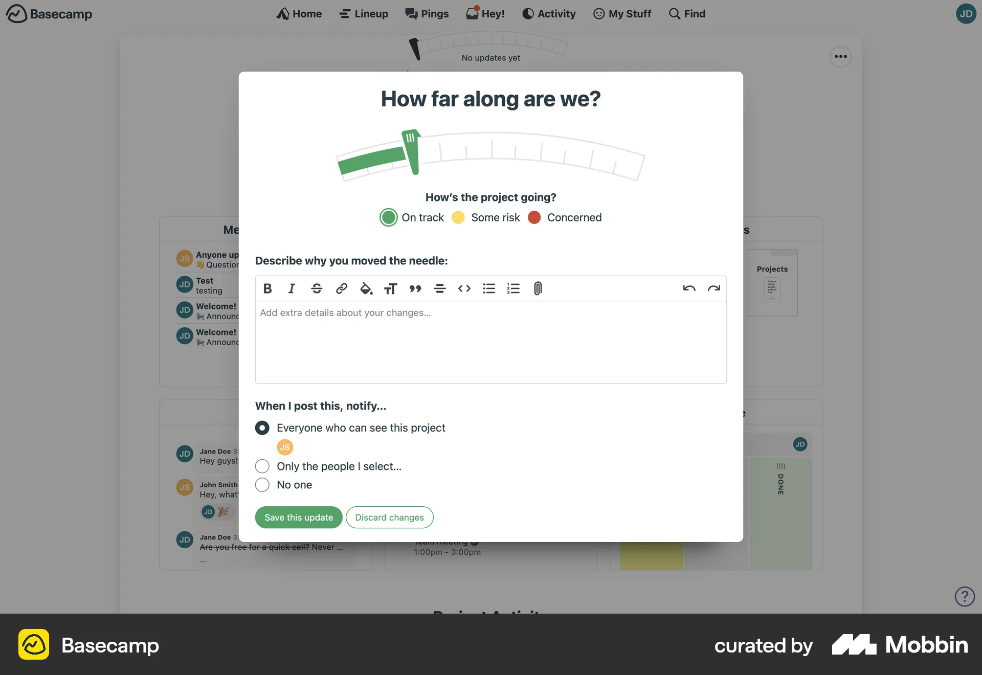 Basecamp Web screen containing Slider UI element
