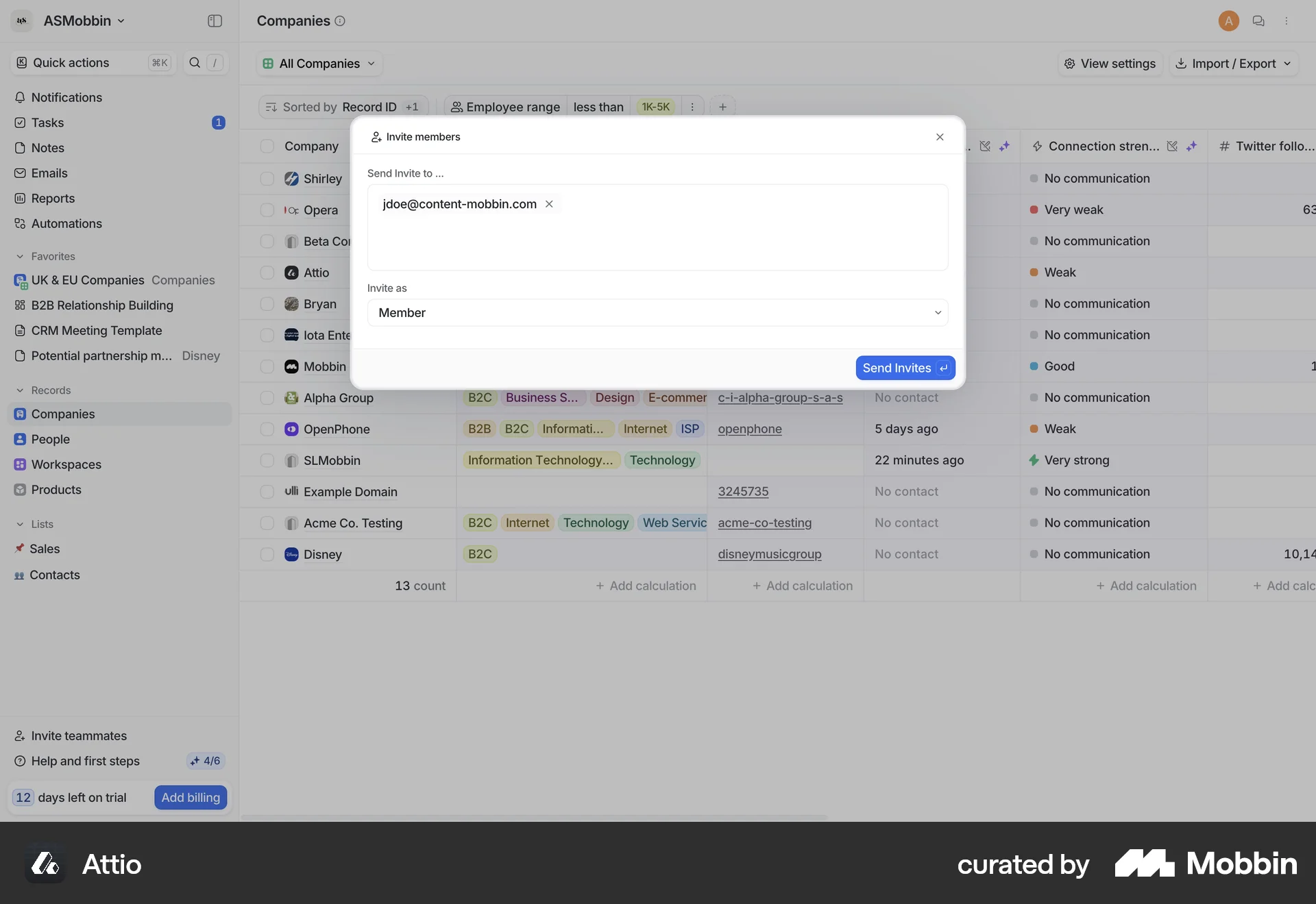 Attio Web Invite Teammates screen