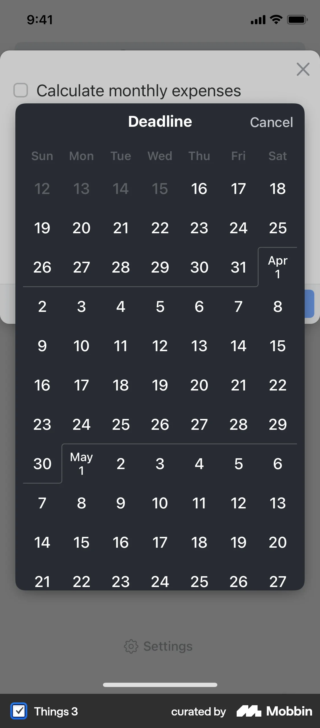 Things 3 iOS Calendar screen