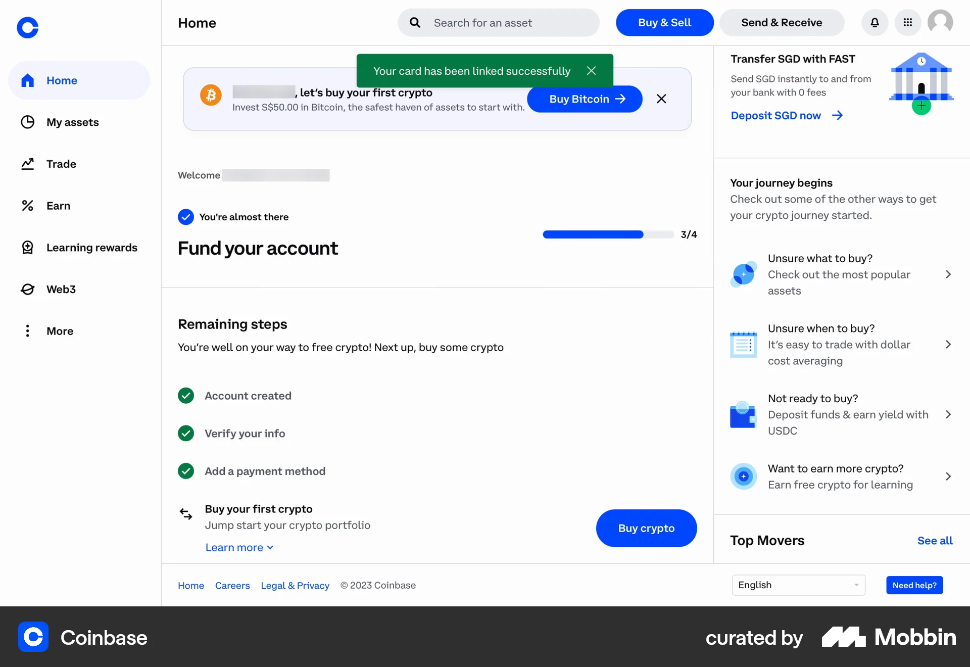 Coinbase Web screen containing Toast UI element