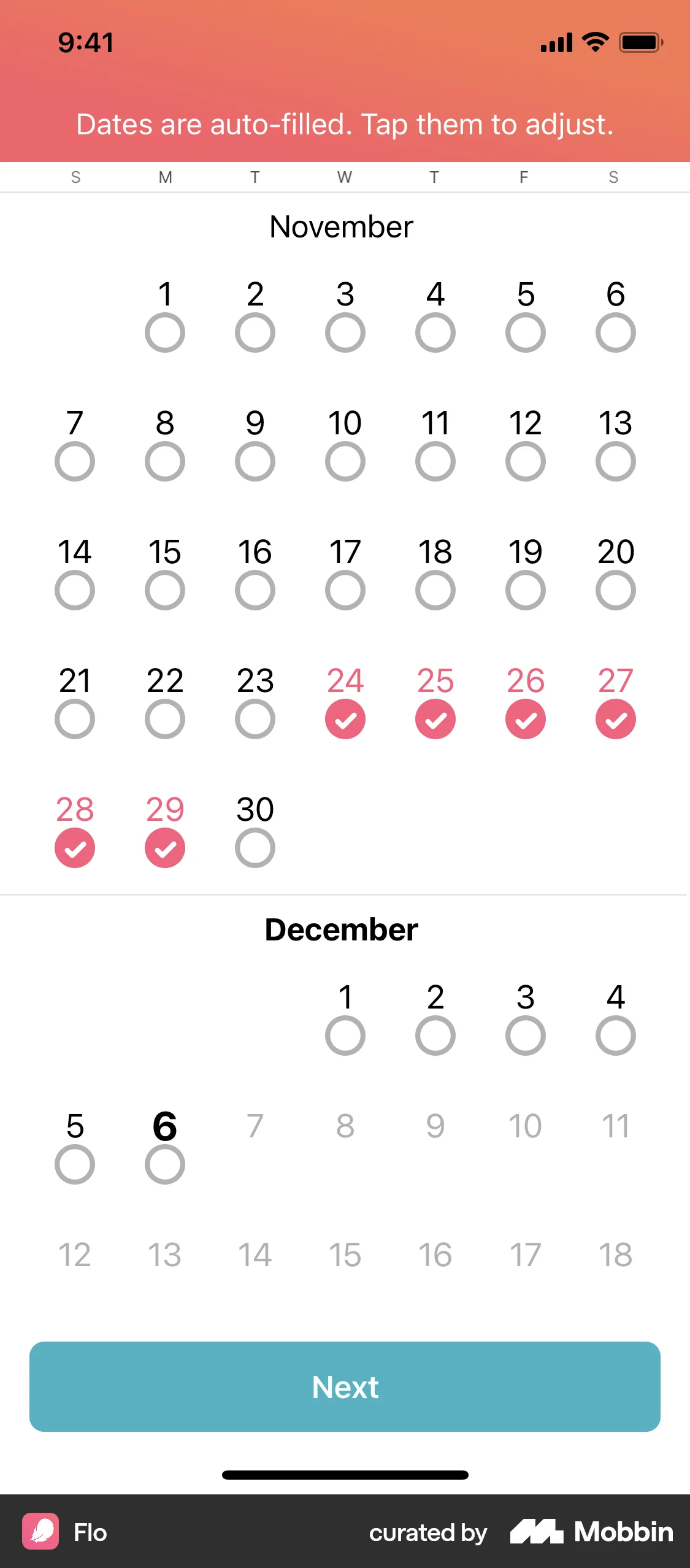 Flo iOS Calendar screen
