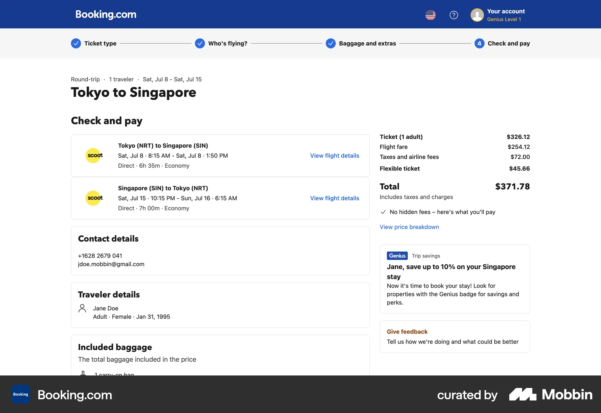 Booking.com Web Checkout screen